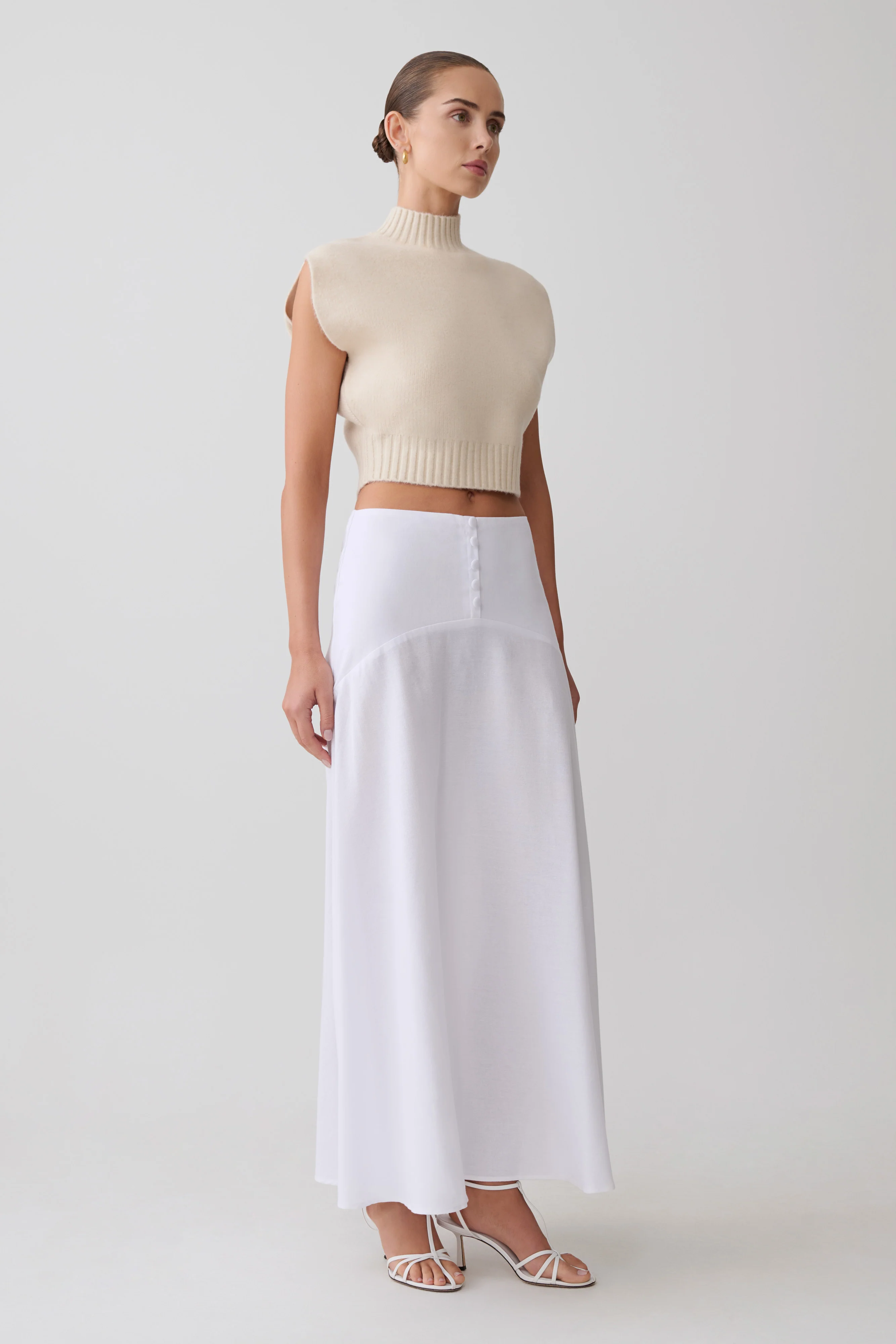 Selma Curved Waist Midi Skirt - White