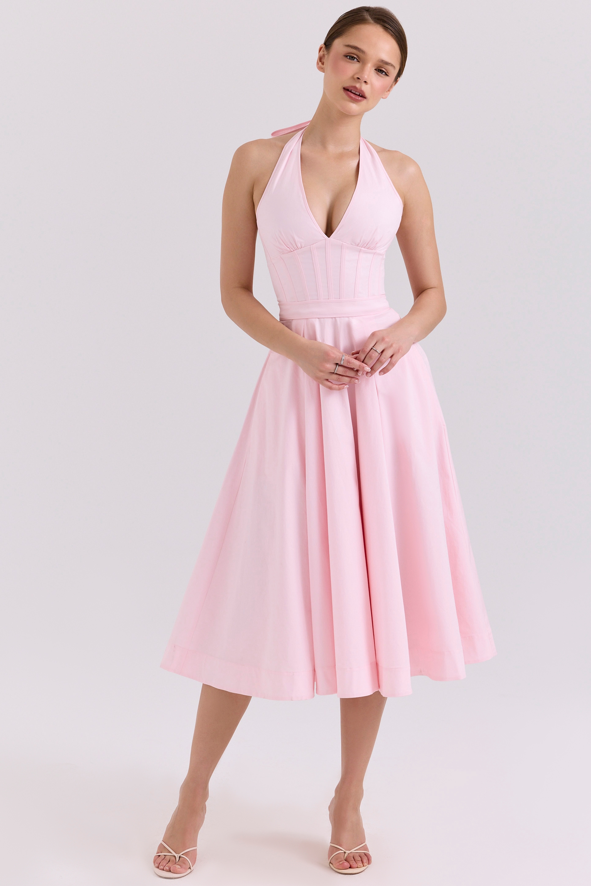 Pink Stretch Cotton Halter Midi Sundress