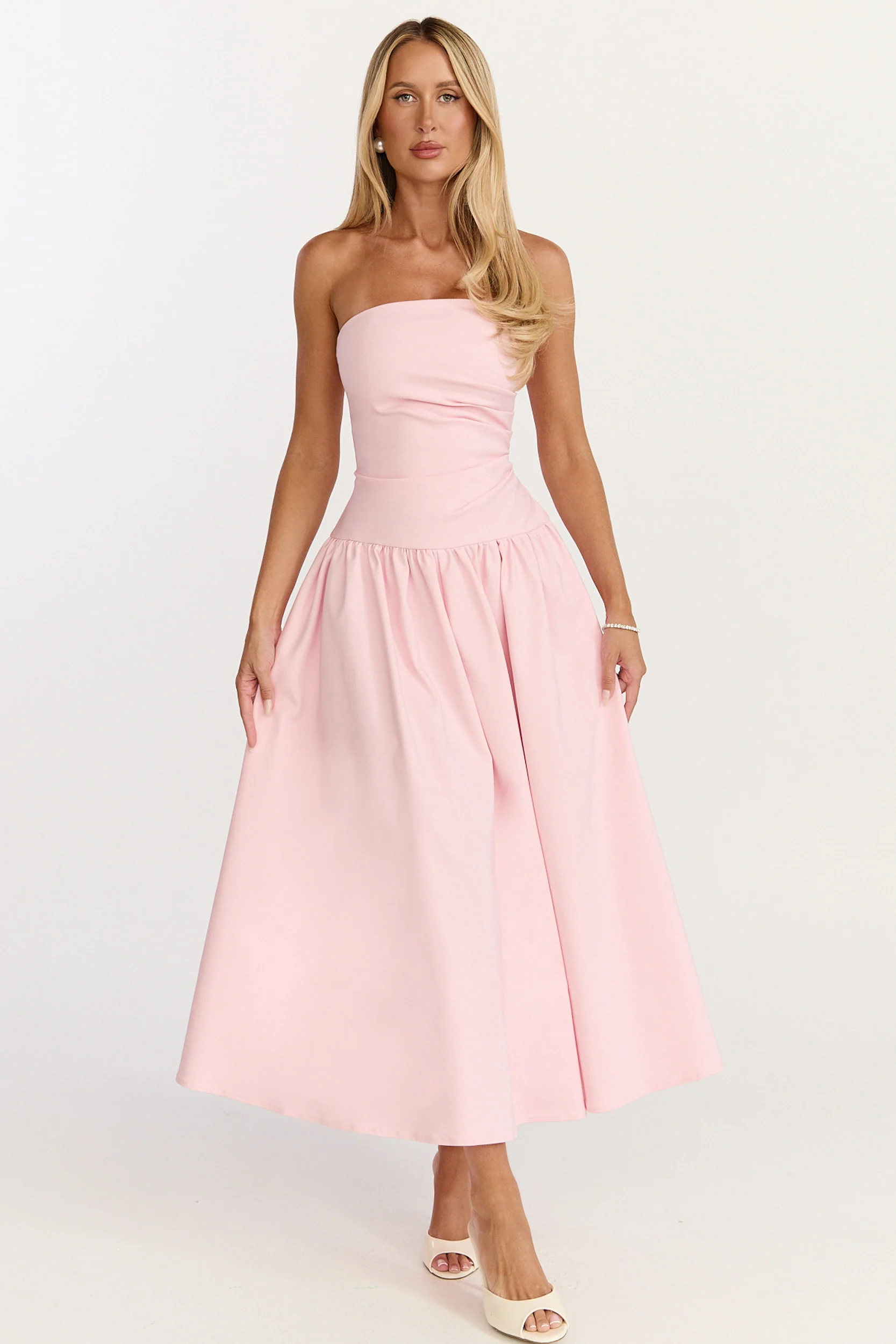 Louisa Maxi Dress - Strapless Side Ruched Dropped Waist Fit And Flare Dress in Pink