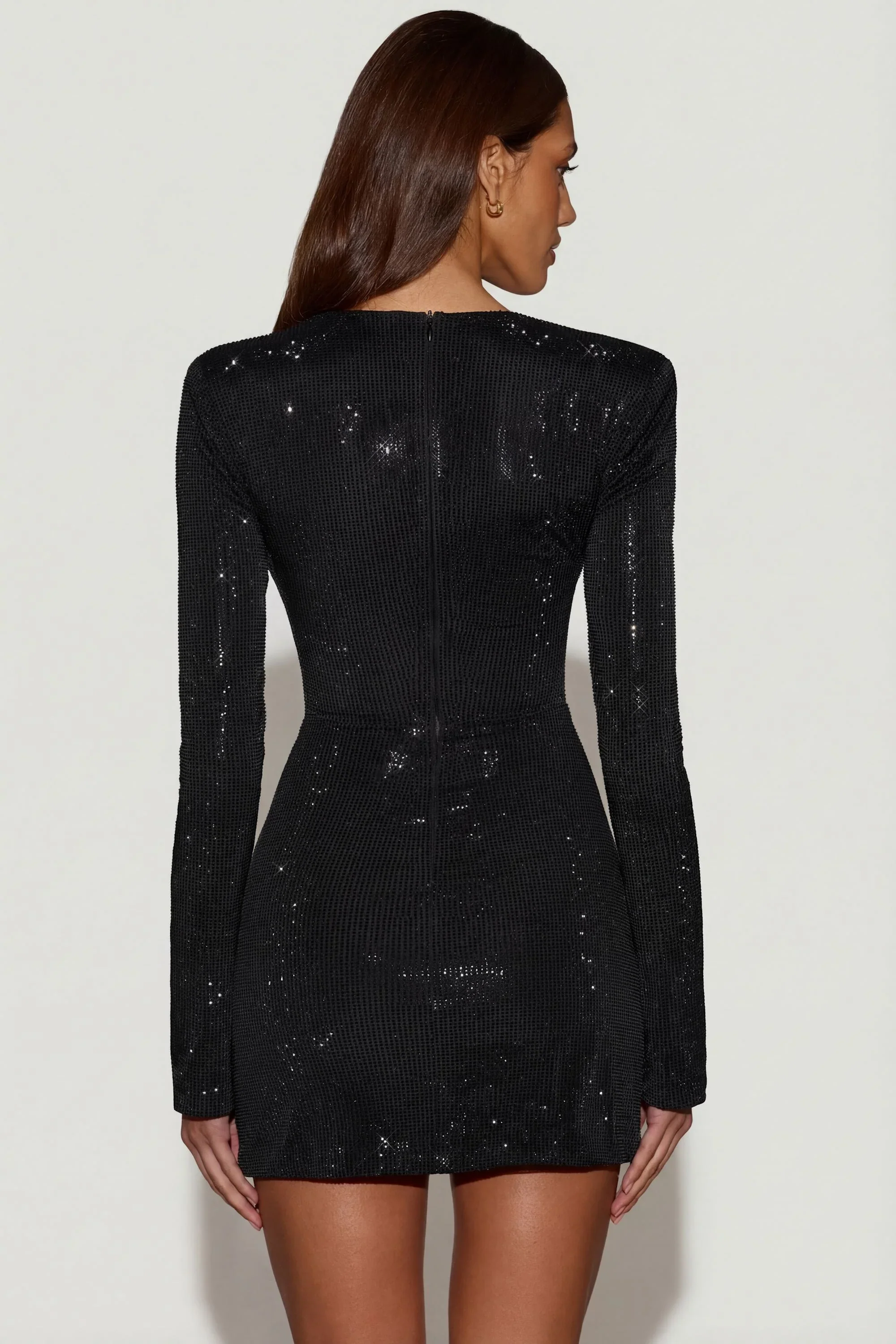 Embellished Asymmetric Bodycon Mini Dress in Black