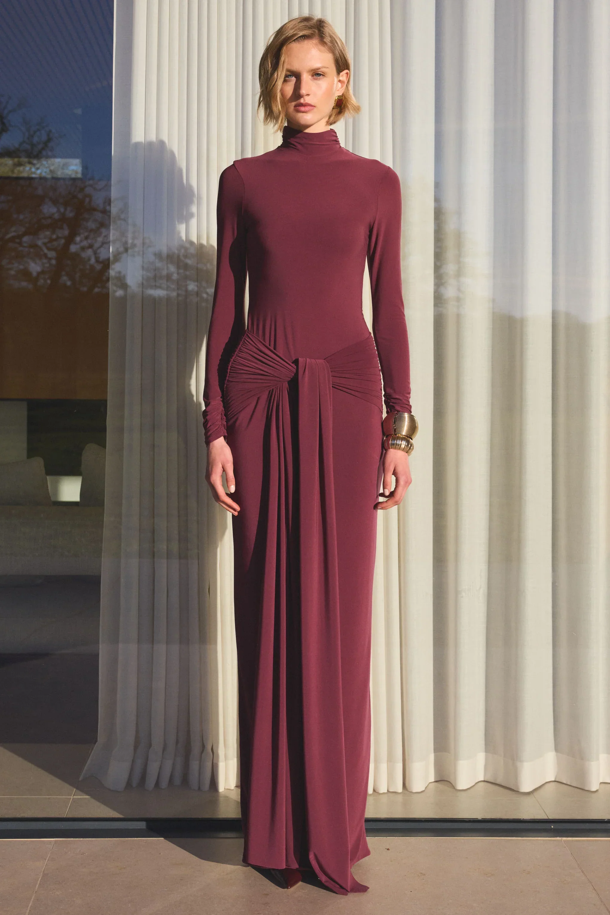 Myra | Burgundy High-Neck Maxi Dress With Sash and Ruched Detailing