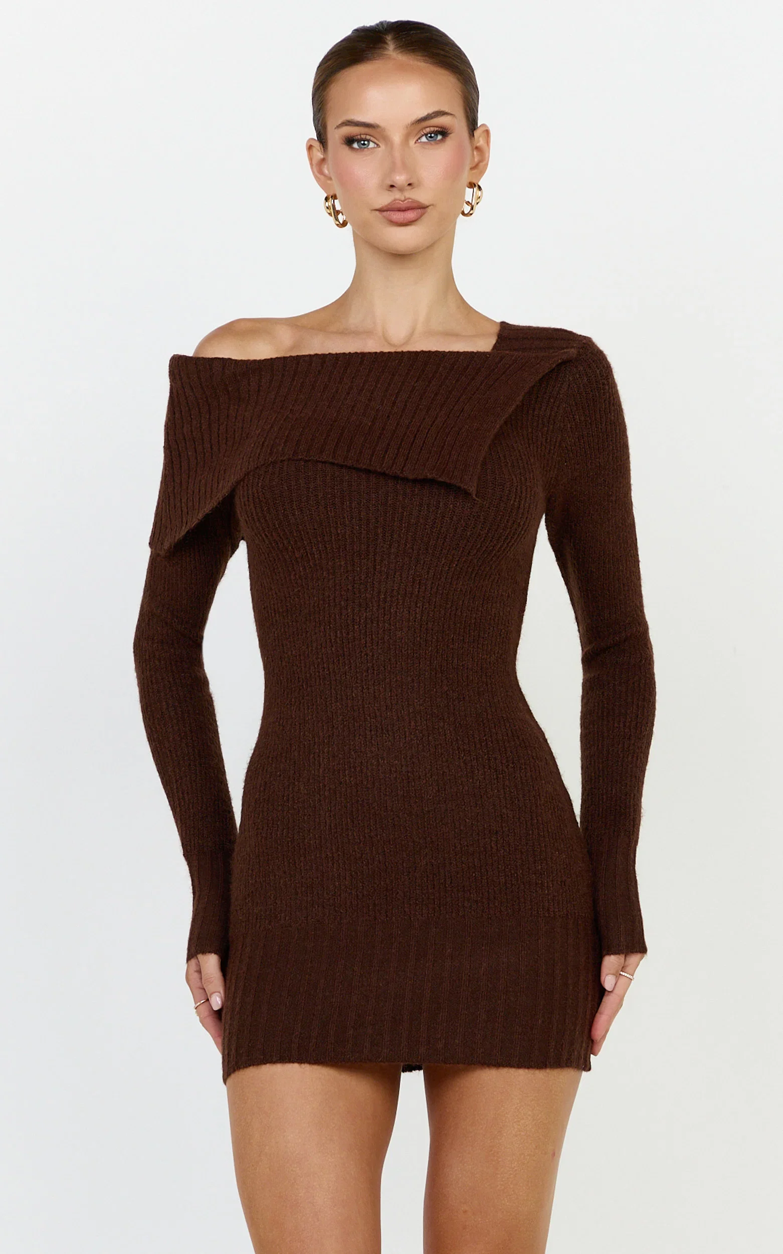 Tess Mini Dress - Asymmetric Off Shoulder Long Sleeve Knit Dress in Chocolate
