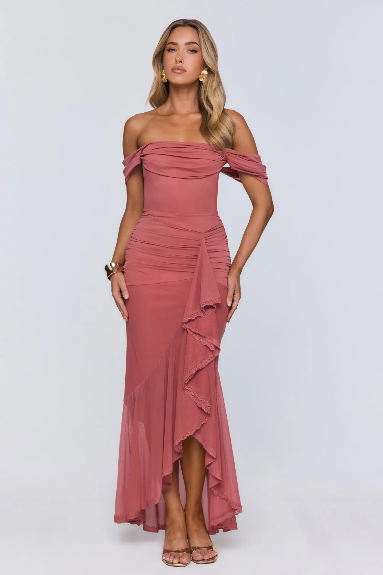 The Style Structure Mesh Off The Shoulder Maxi Dress Rose