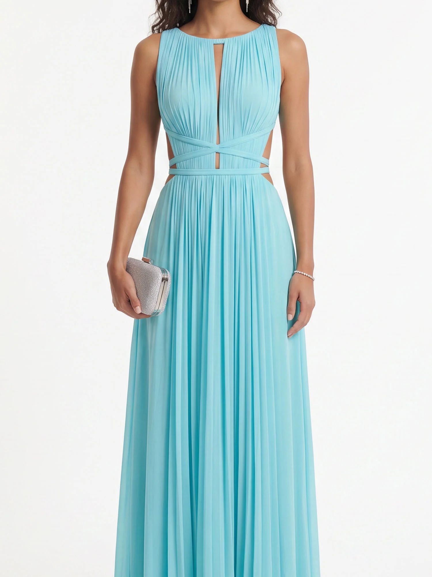 Aqua Cutout Pleated Maxi Dress