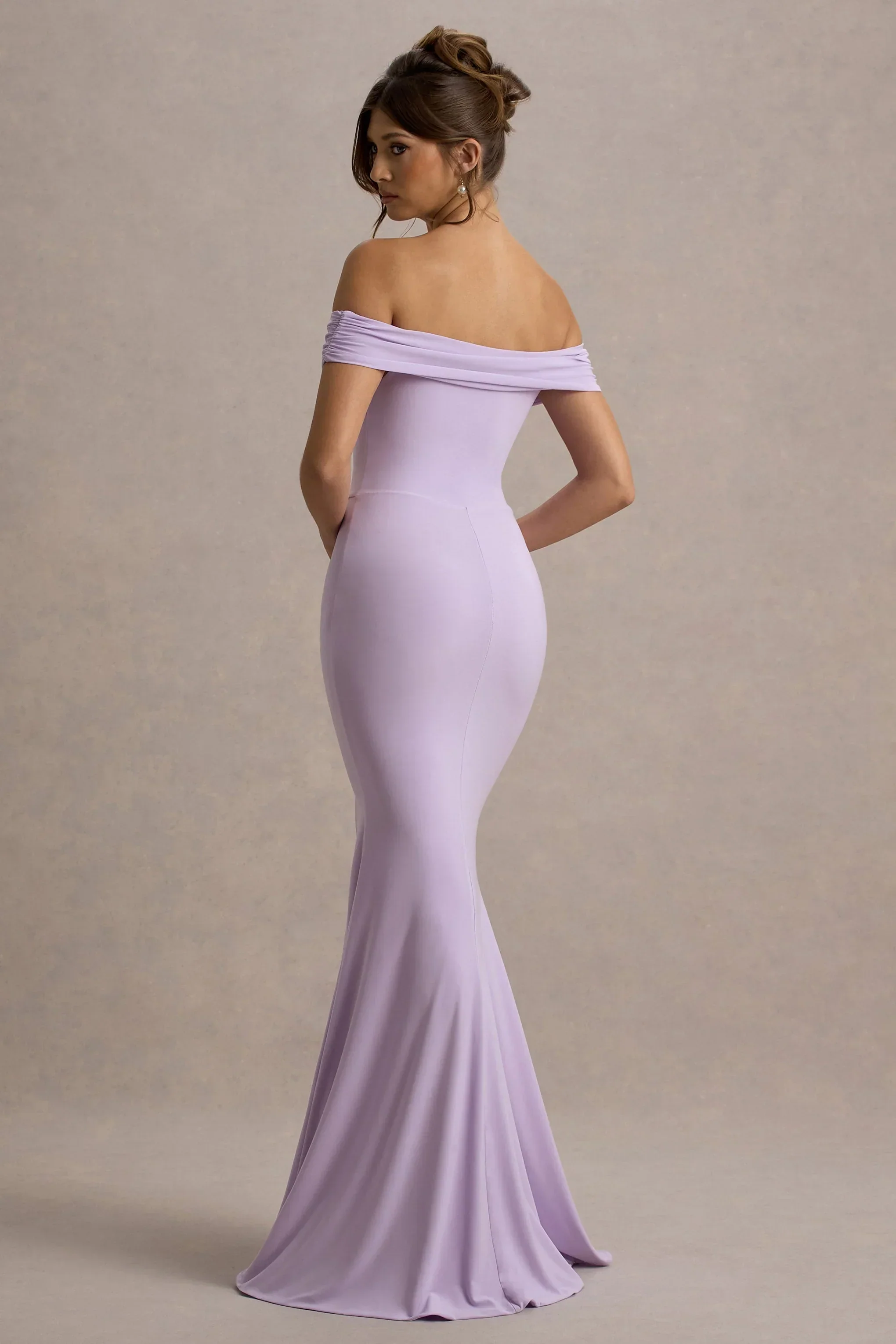 Law of Attraction | Lilac Bardot Draped Split Maxi Dress