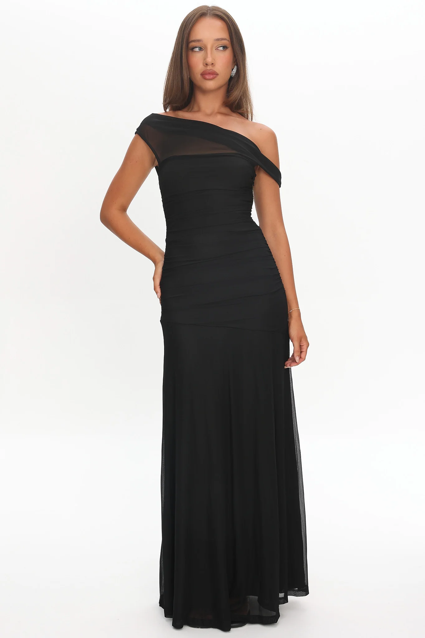Lylah Asymmetric Neckline Mesh Maxi Dress Black