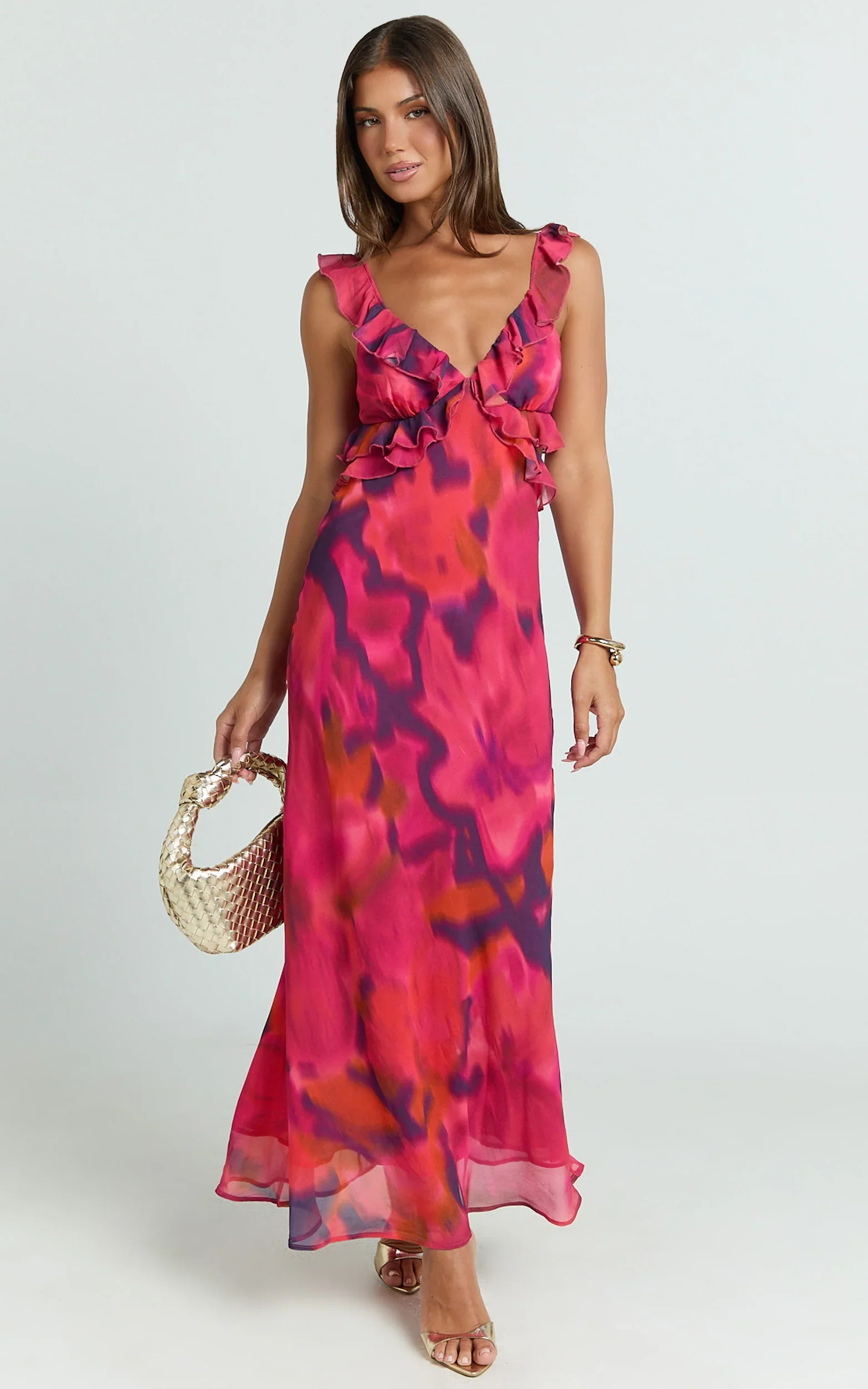 Alessa Midi Dress - V Neck Frill Detail Empire Waist Back Cut Out Dress in Adeana Print