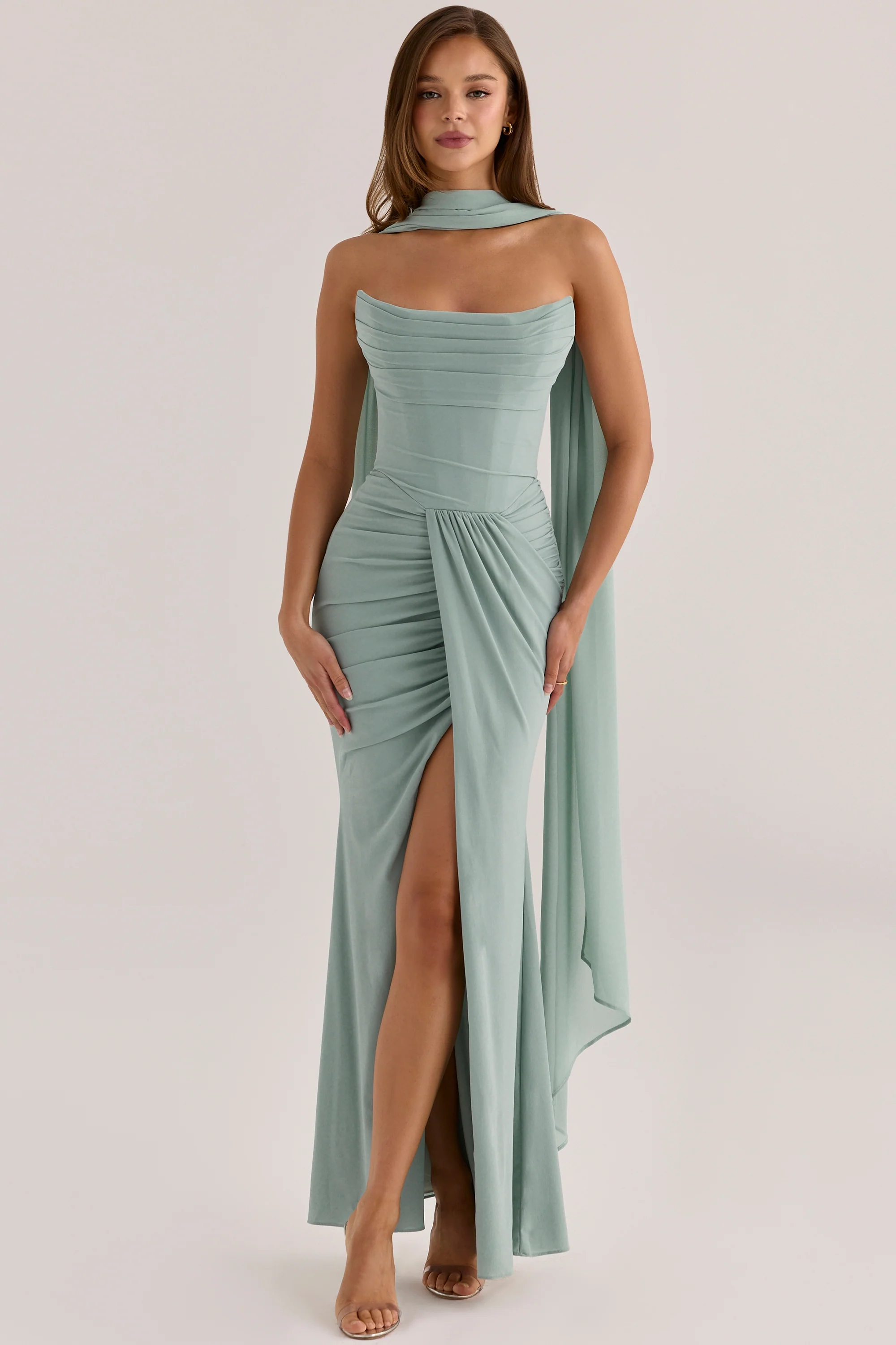Jade Crepe Strapless Maxi Dress With Detachable Georgette Cape