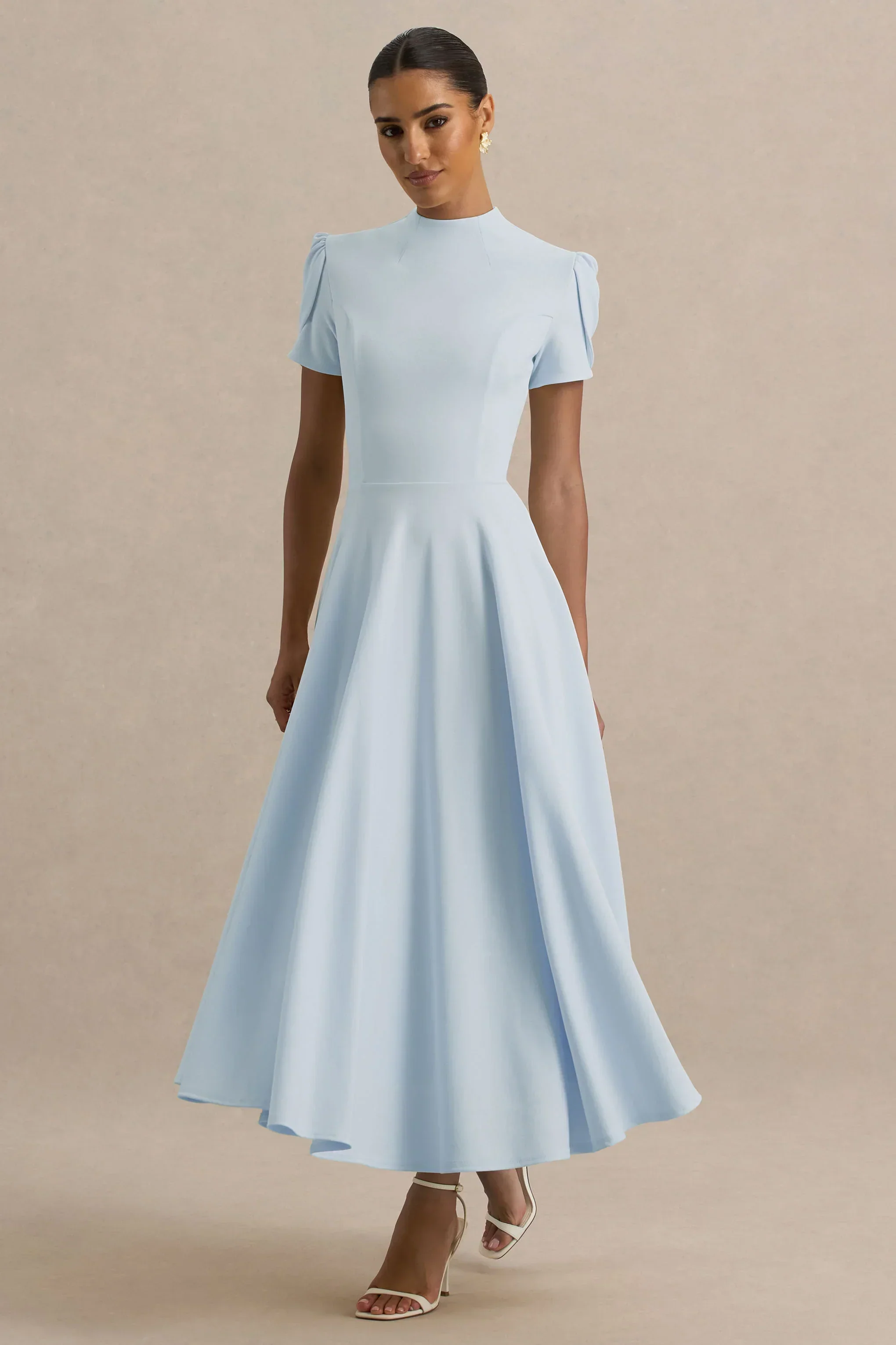 Vicky | Powder Blue High Neck Midi Dress With Puff Sleeves - luluinthesky