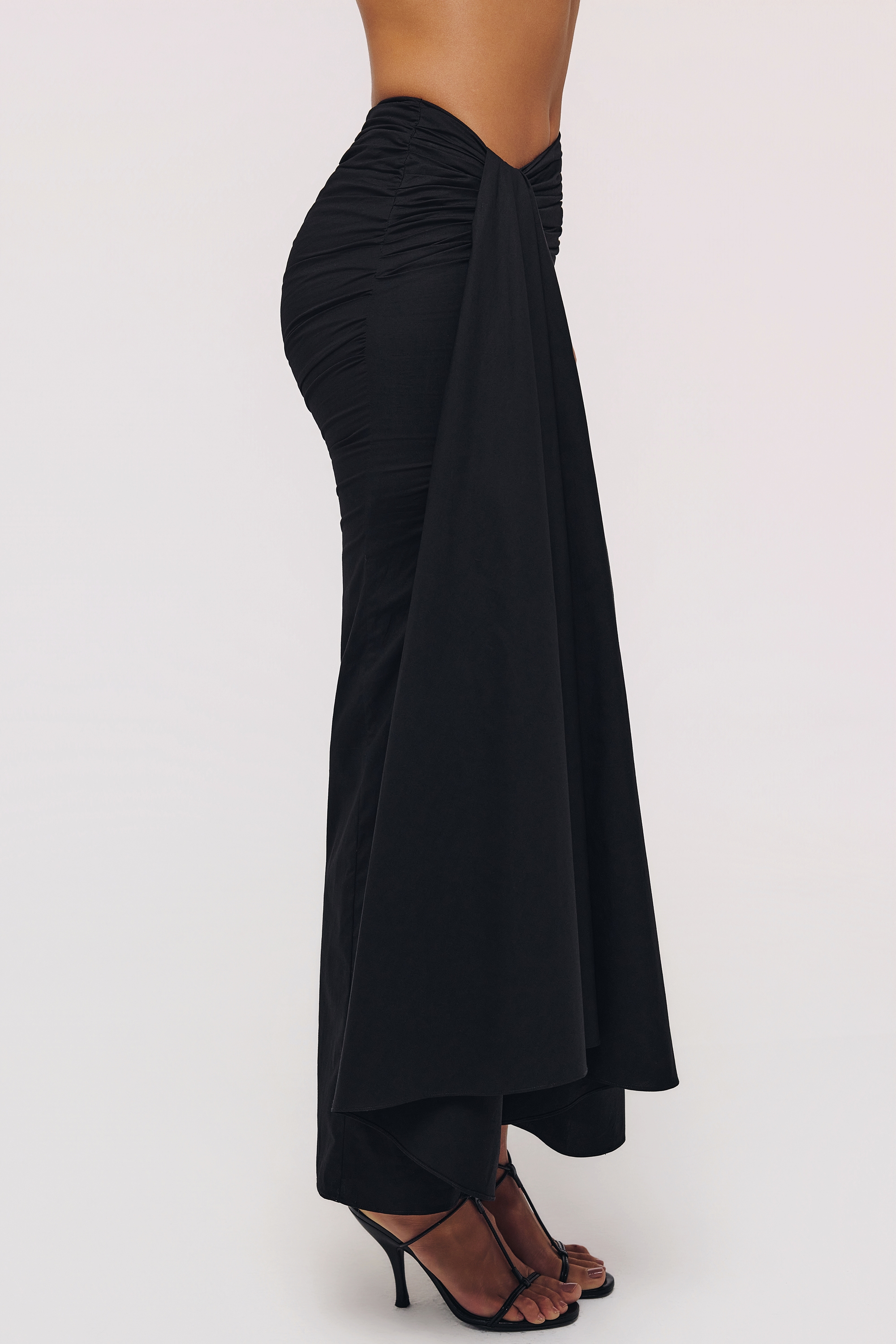 Black Draped Cotton Midi Skirt