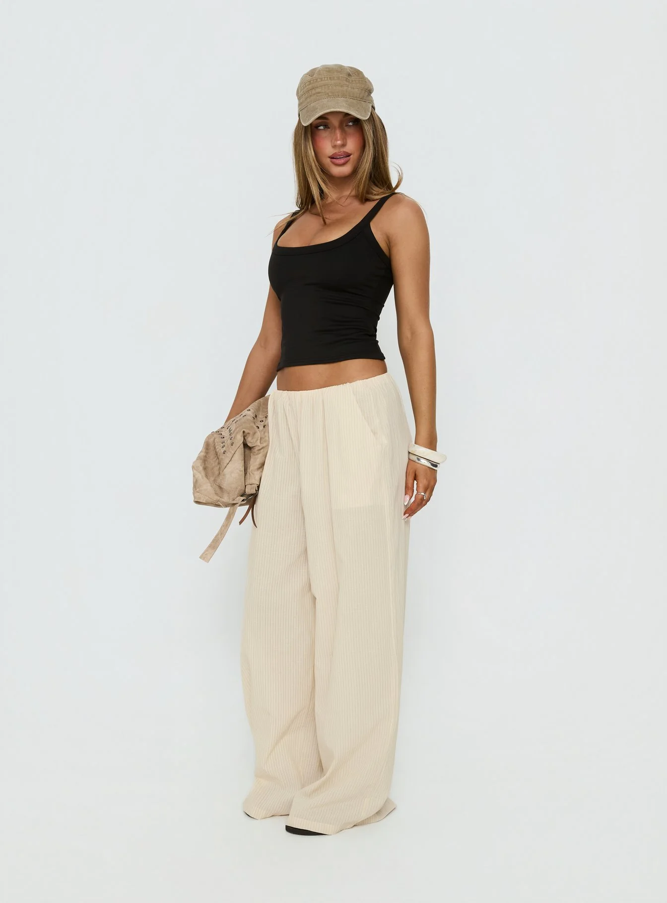 Lunea Concealed Waistband Pants Beige Stripe