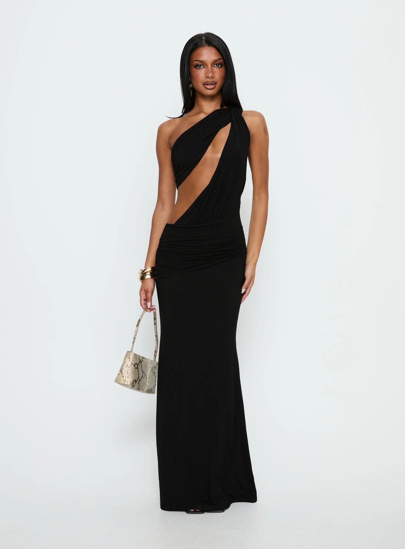 Loletta Draped One Shoulder Maxi Dress Black