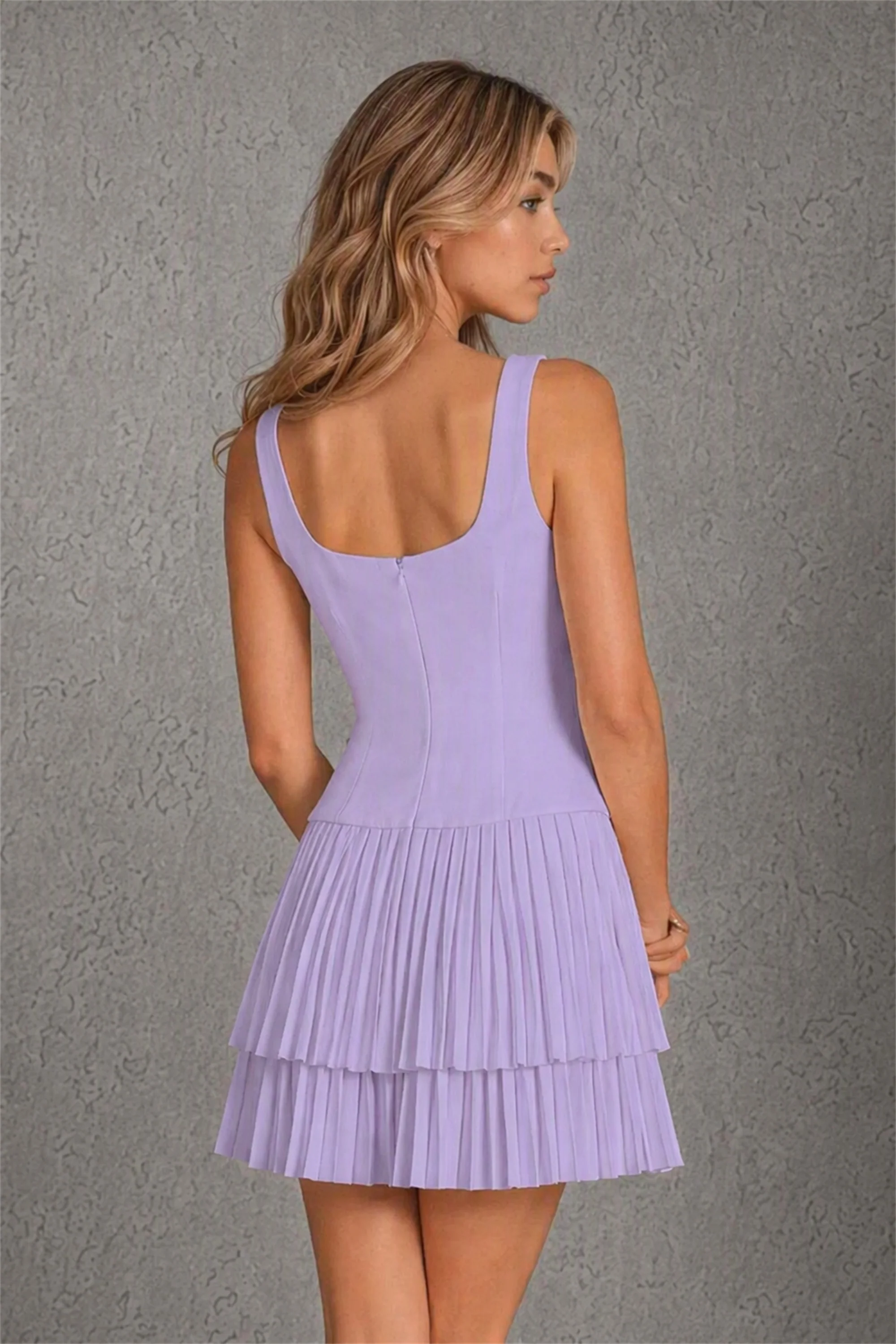 BOLODOO Lavender Knit Square Neck Wide Strap Corset Bodice Tiered Pleated Mini Dress with Low Back
