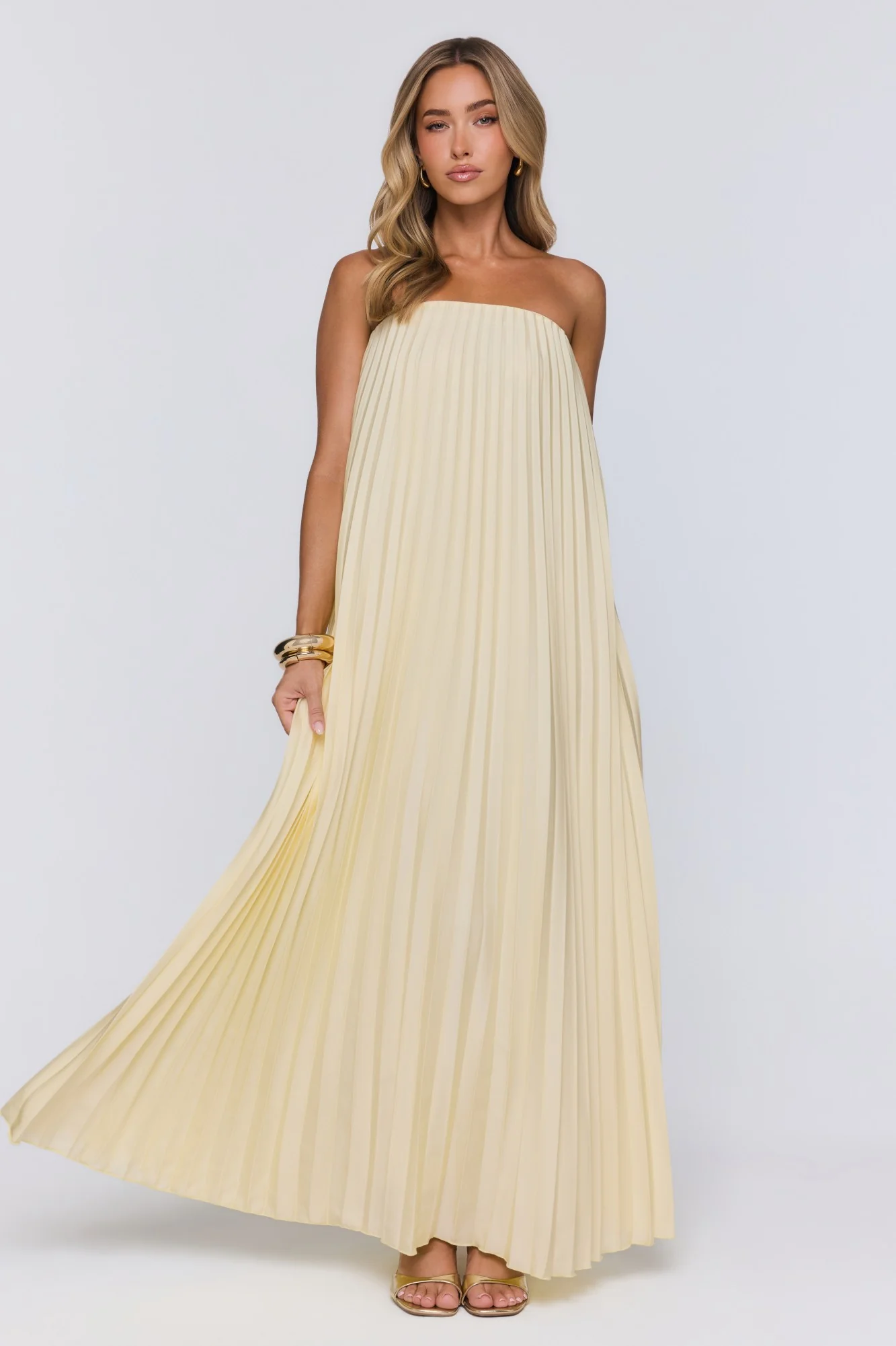 Moonlit Sea Pleated Strapless Maxi Dress Lemon