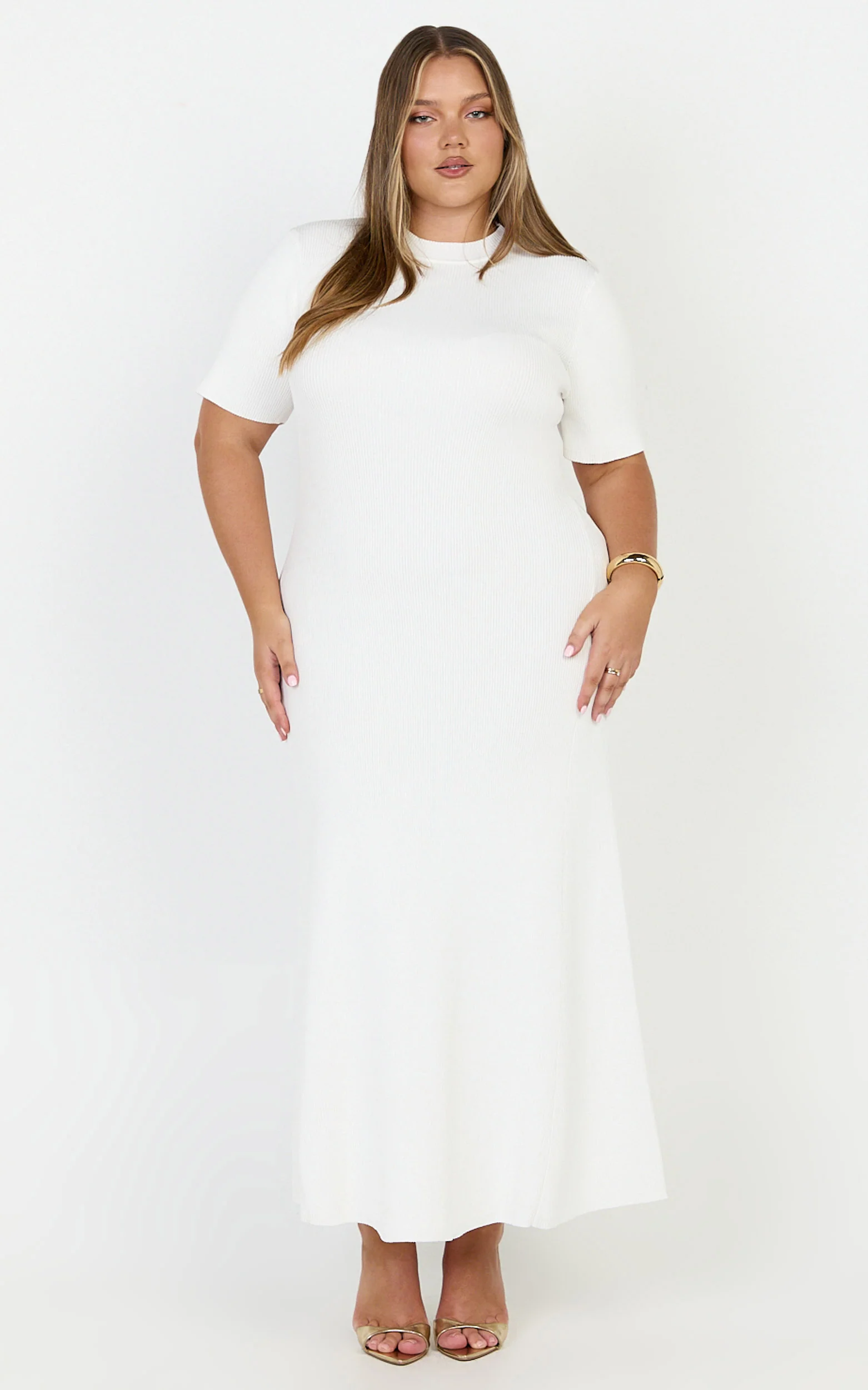 Lanie Midi Dress - Knitted Crew Neck Short Sleeve Dress in Cream