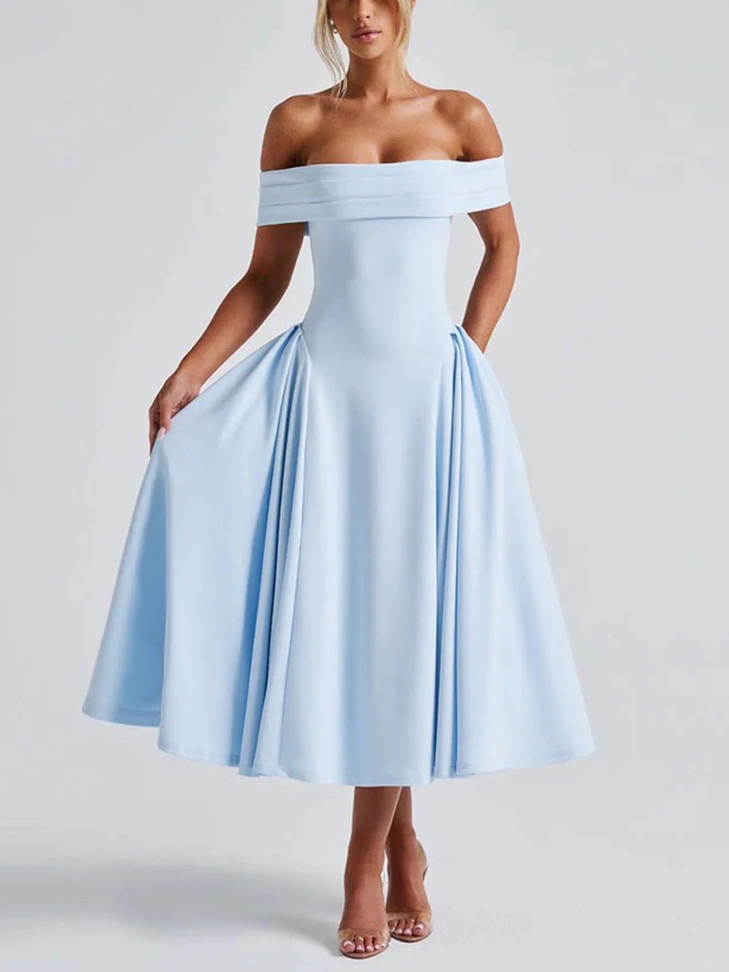 Blue Off-Shoulder Vintage-Inspired Midi Dress