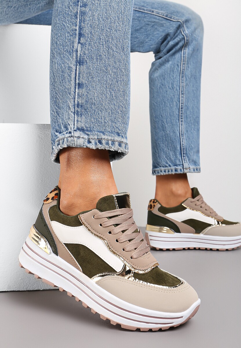 Zielone Sneakersy na Wysokiej Podeszwie z Błyszczącymi Wstawkami Lovana
