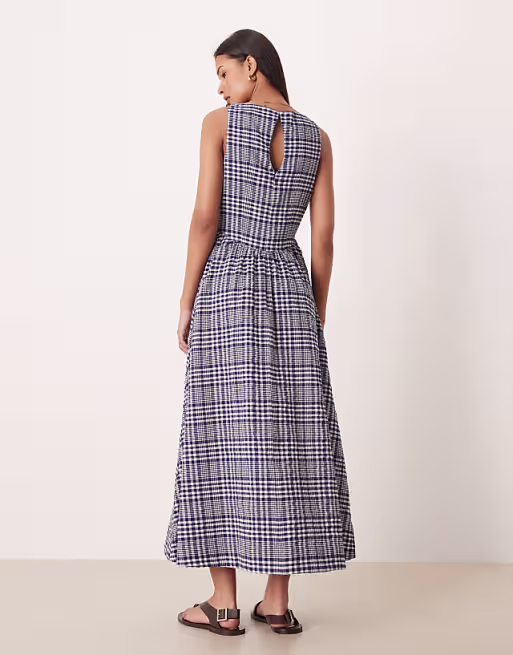 waisted v neck maxi dress with seaming details in blue gingham