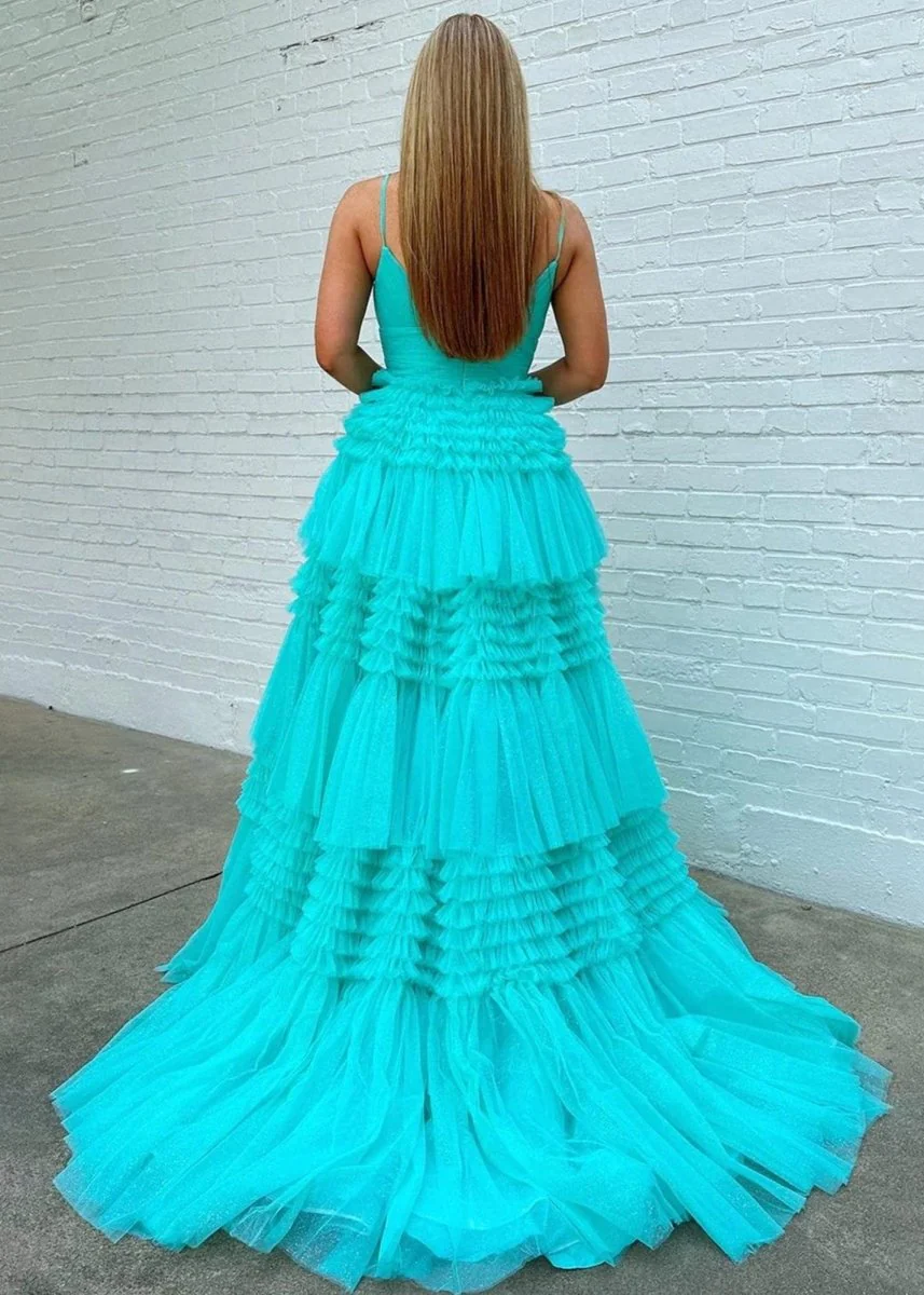 Amanda| A-Line Spaghetti Straps Long Tiered Tulle Prom Dress With Split