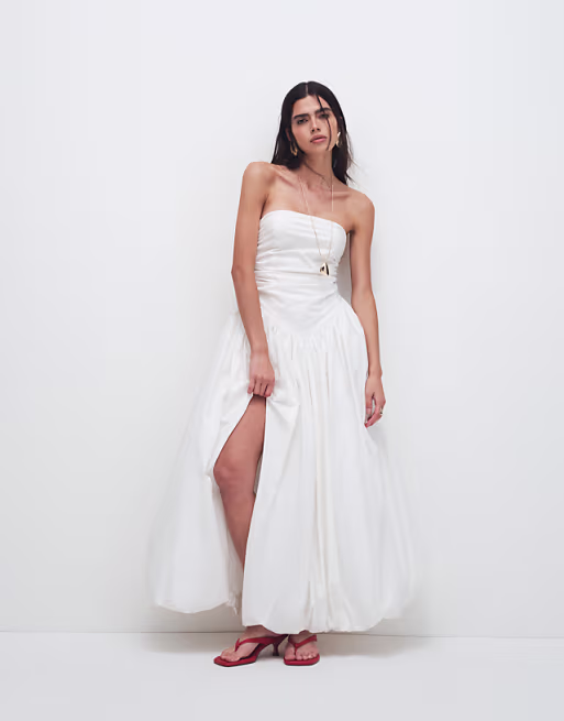 Kaiia exclusive bandeau volume puffball thigh split maxi dress in white