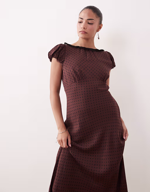 Nobody's Child Petite Marianna boat neck puff sleeve midi dress in brown polka dot
