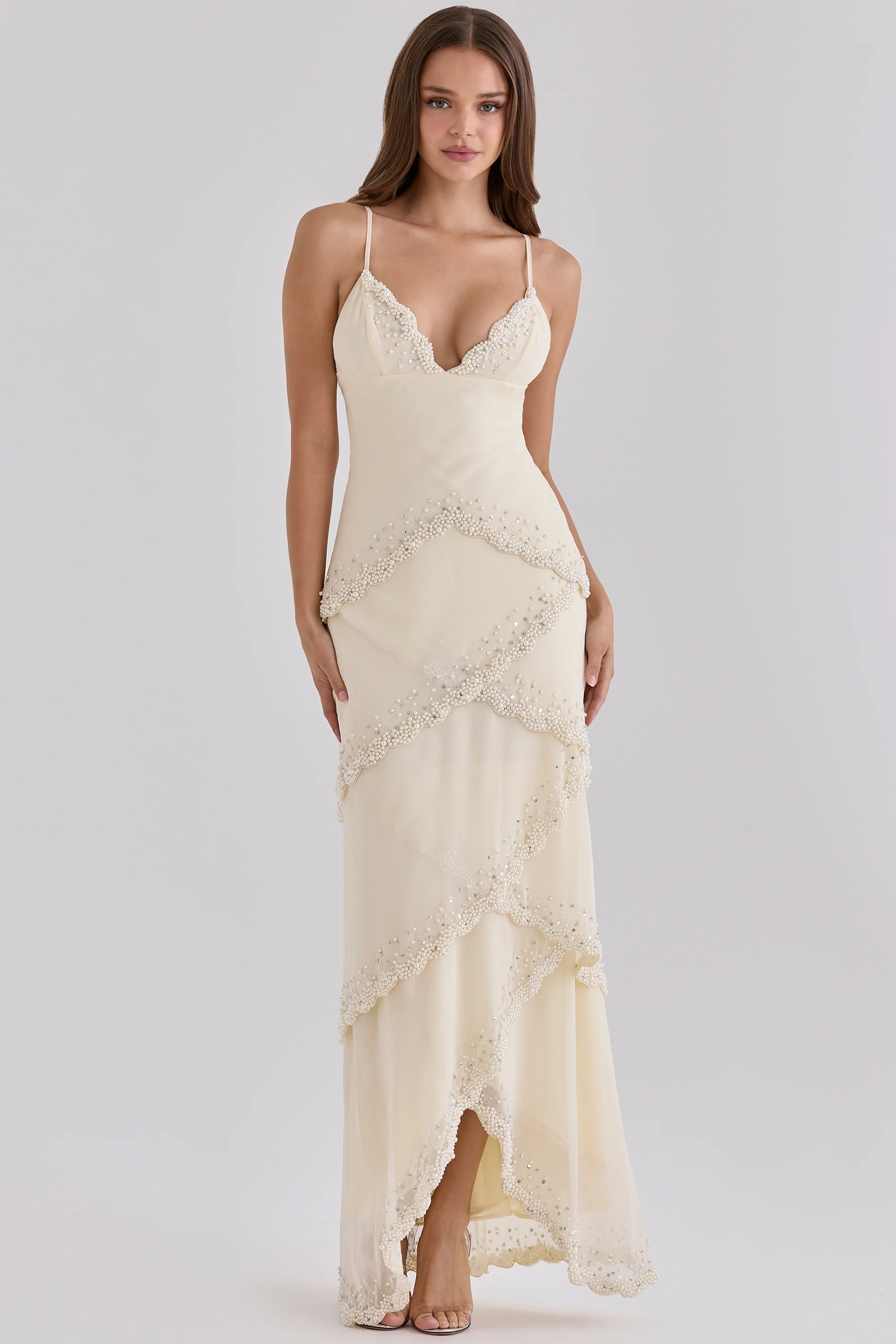 Vanilla Georgette Hand Embellished Tiered Maxi Dress - Limited Edition