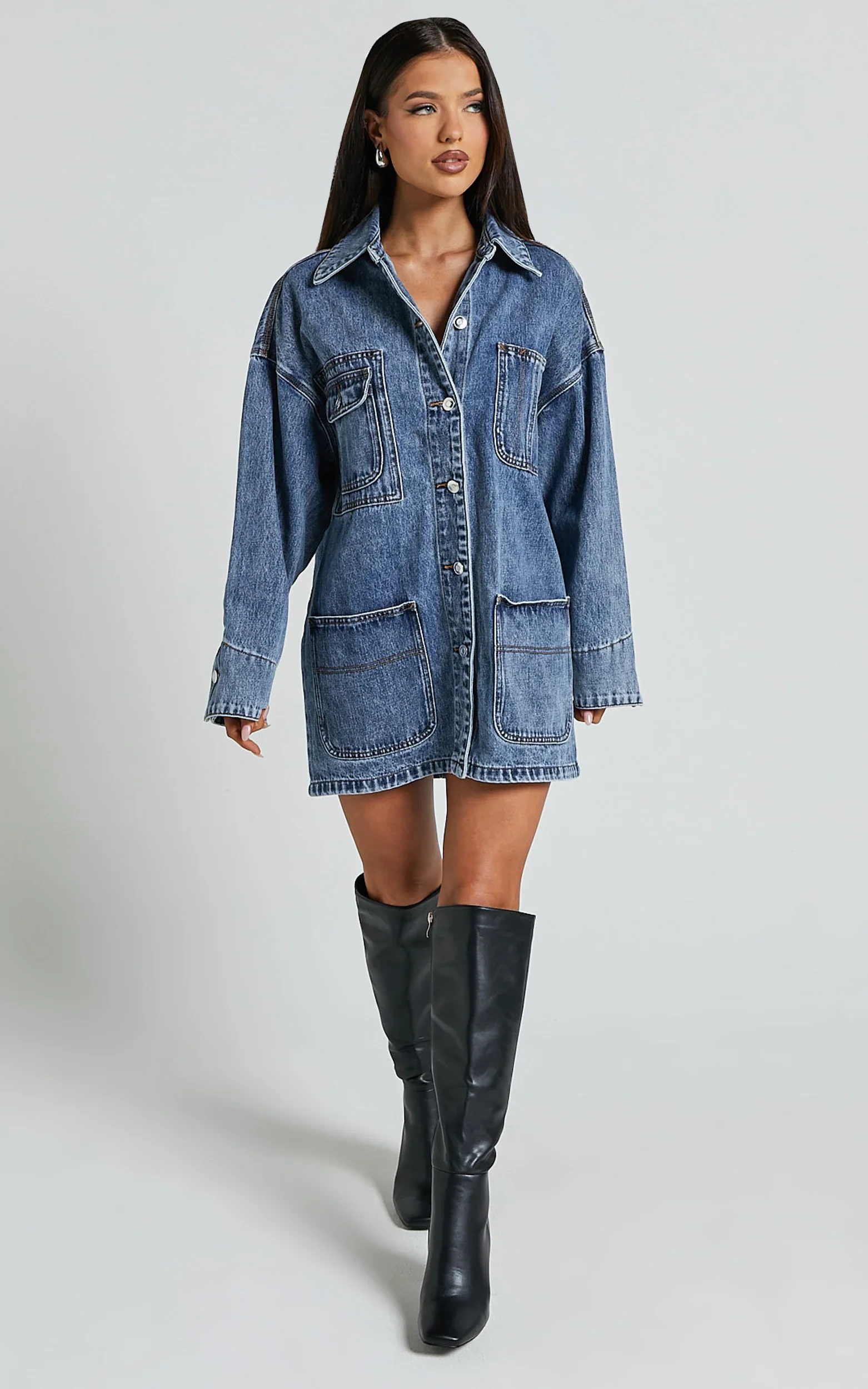 Harlow Jacket - Oversized Long Sleeve Denim Jacket in Mid Blue Wash