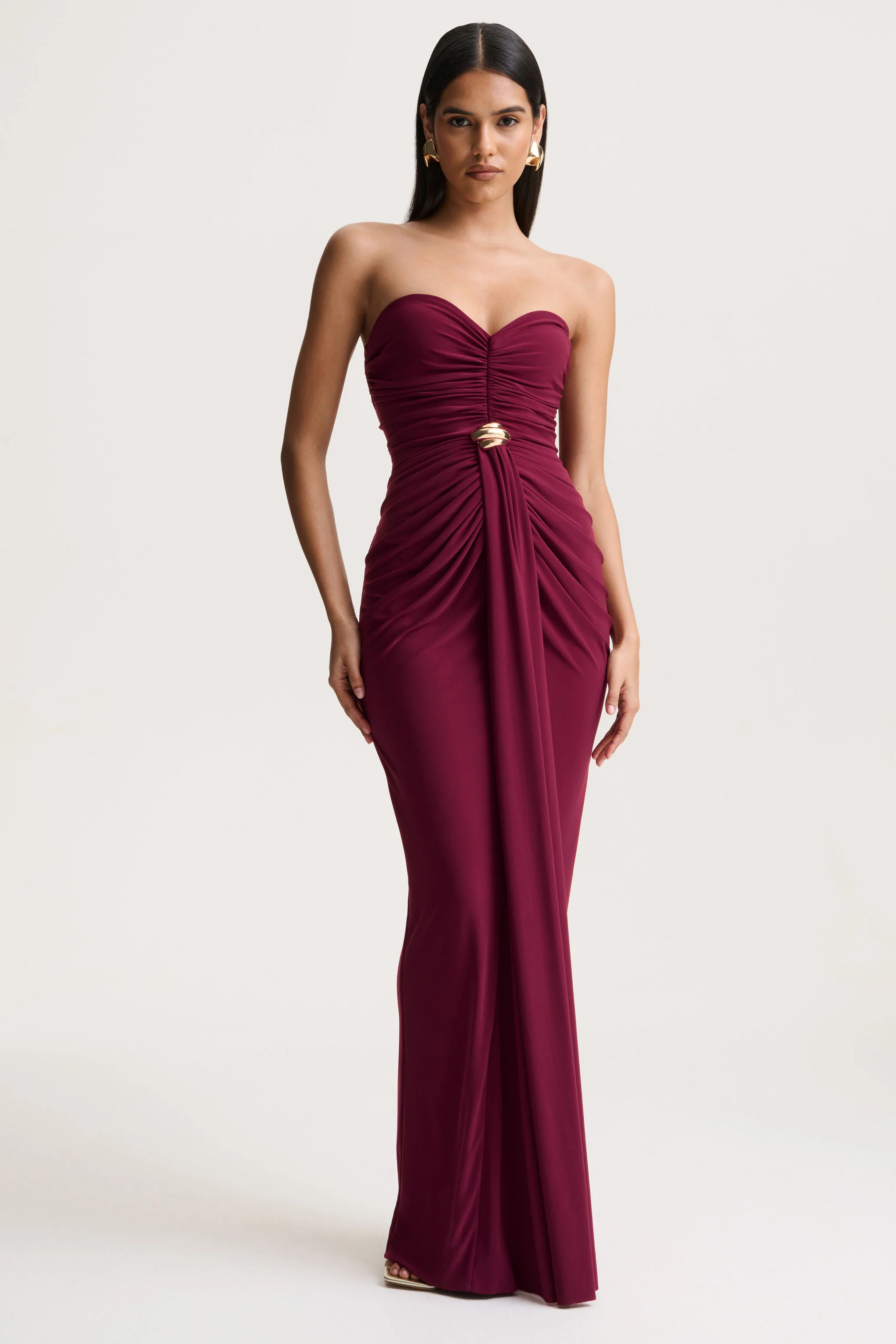 Beverly | Burgundy Bandeau Maxi Dress With Gathered-Detailing
