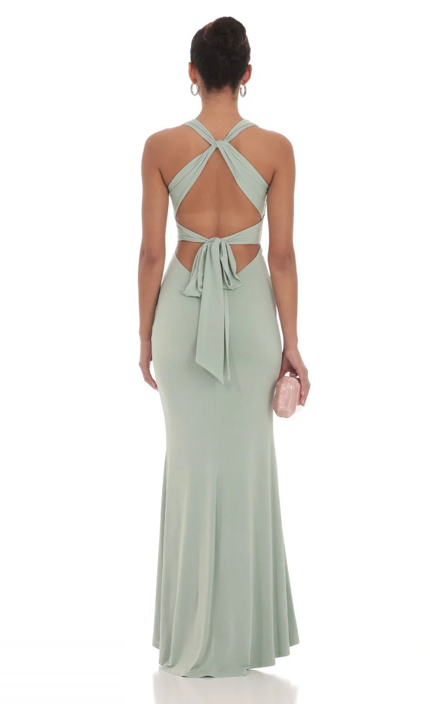 Front Twist V-Neck Maxi Dress in Sage
