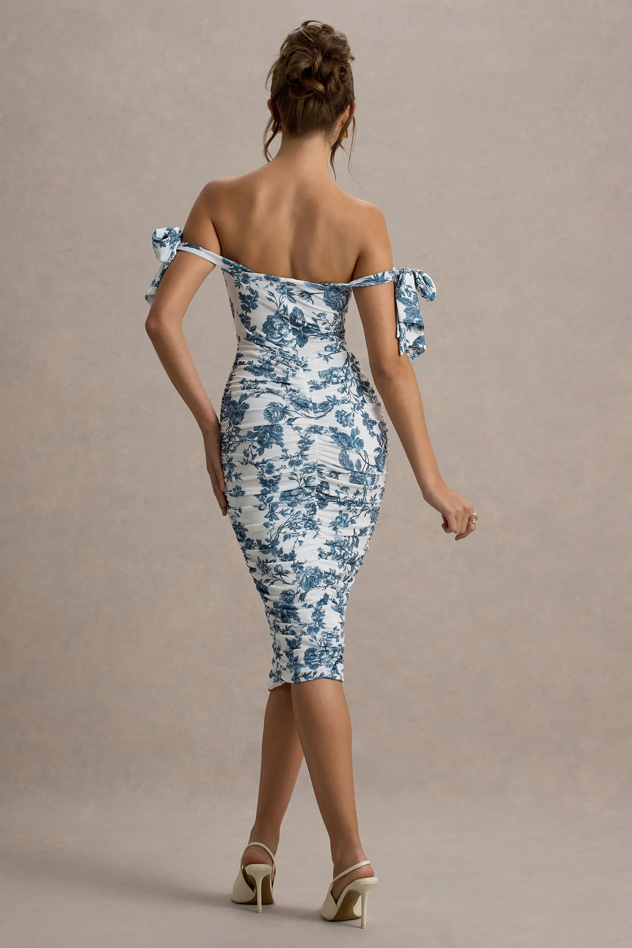 Citrus | Blue Porcelain Print Bardot Bodycon Midi Dress With Bow Sleeves