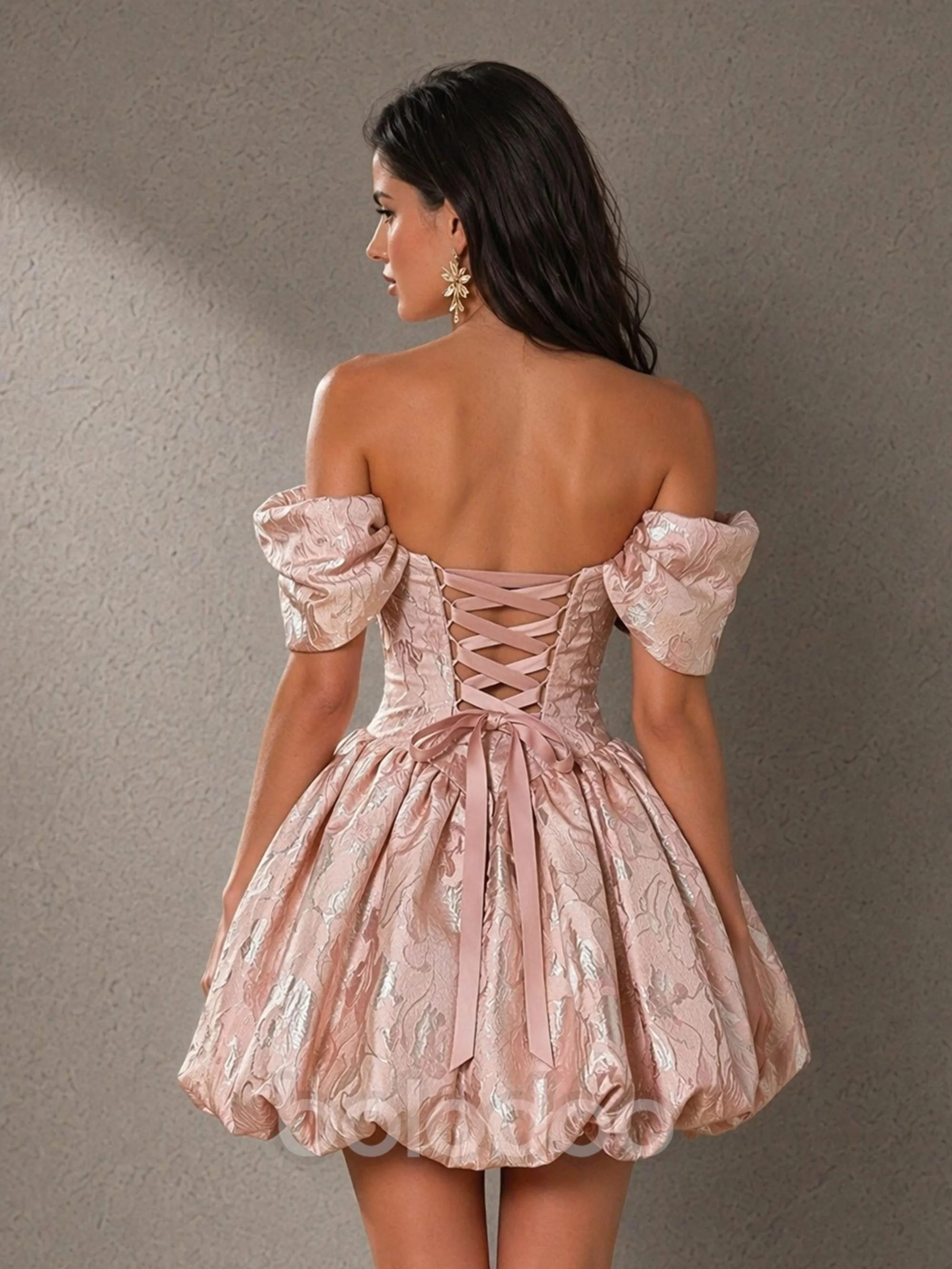 BOLODOO Blush Pink Gold Metallic Jacquard Off-Shoulder Puff Sleeve Corset Bubble Mini Dress | 3D Flower