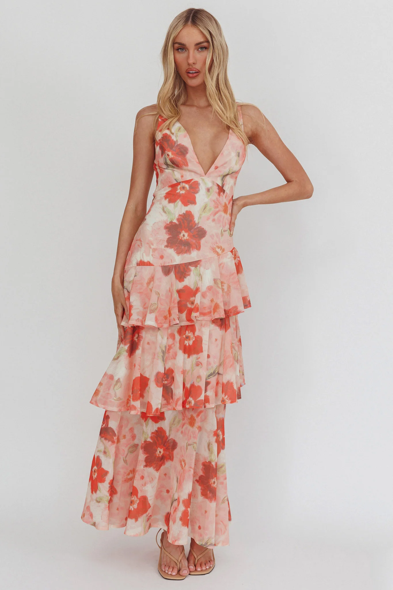 Veda Strappy Back Ruffle Maxi Dress Poppies Red