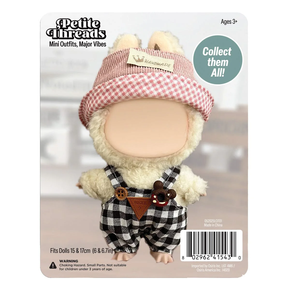 Outfit: “Country Cutie” Checkered Overalls & Gingham Hat for Dolls - Petite Threads