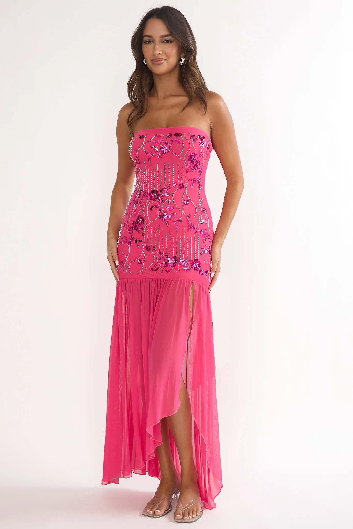 Jezra Strapless Sequin Embellished Maxi Dress Plum