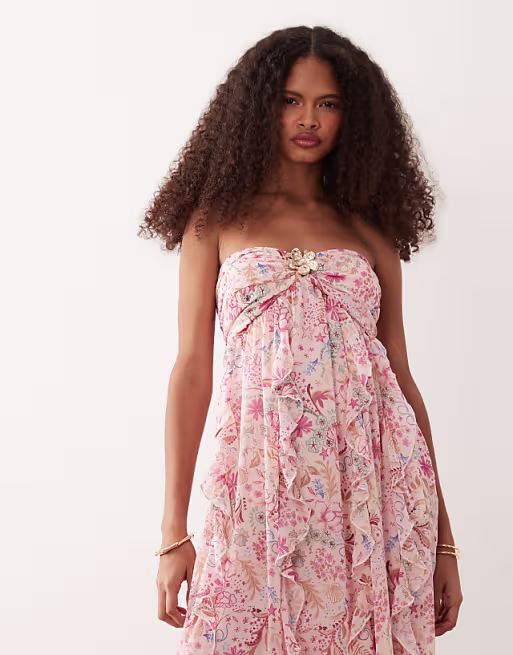 Abercrombie & Fitch strapless ruffle hardware maxi dress in pink floral