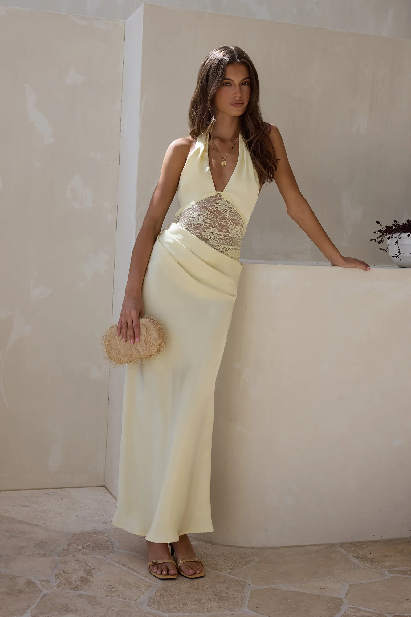 Call Me Yours Lace Halter Satin Maxi Dress Lemon - luluinthesky