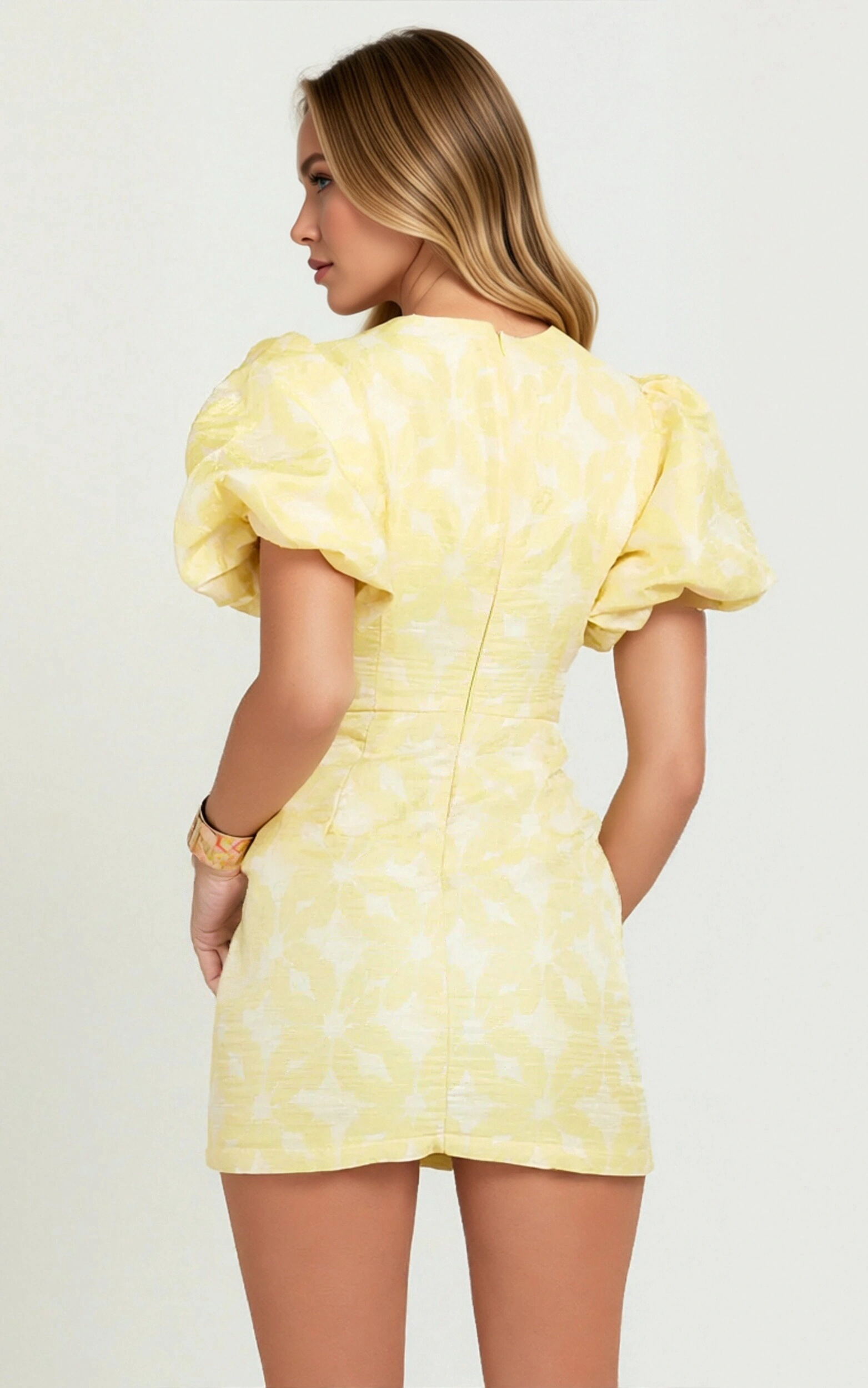 Diana Mini Dress - Jacquard Short Sleeve Cut Out Dress in Lemon