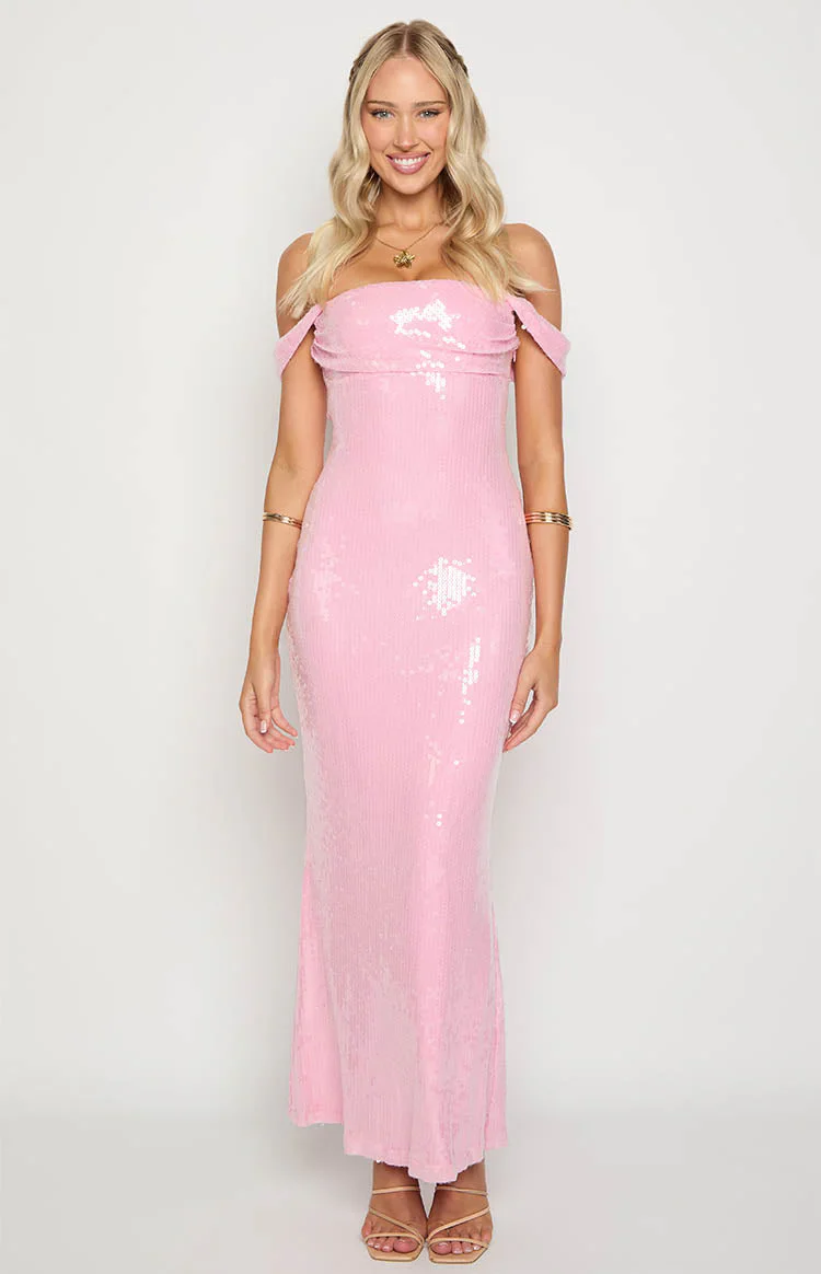 Ella Pink Sequin Off Shoulder Formal Maxi Dress