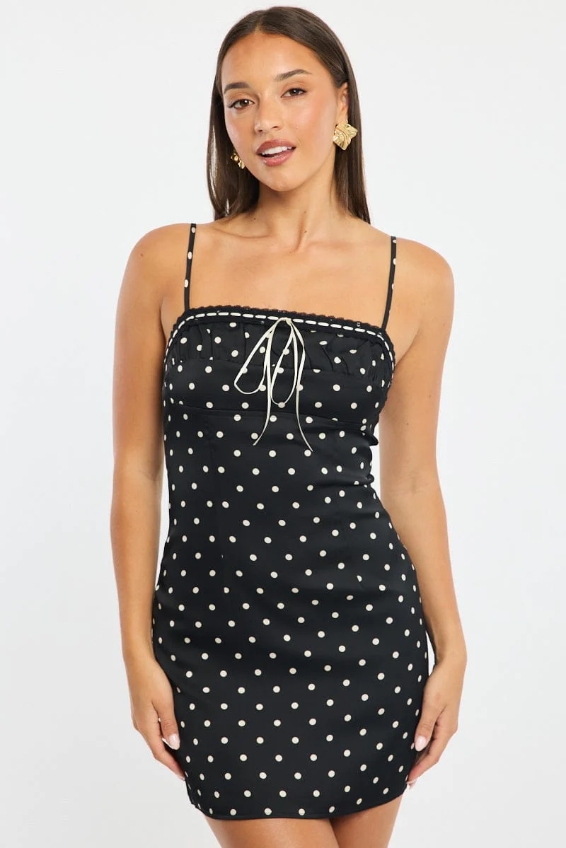 Black Polka Dot Mini Dress Satin