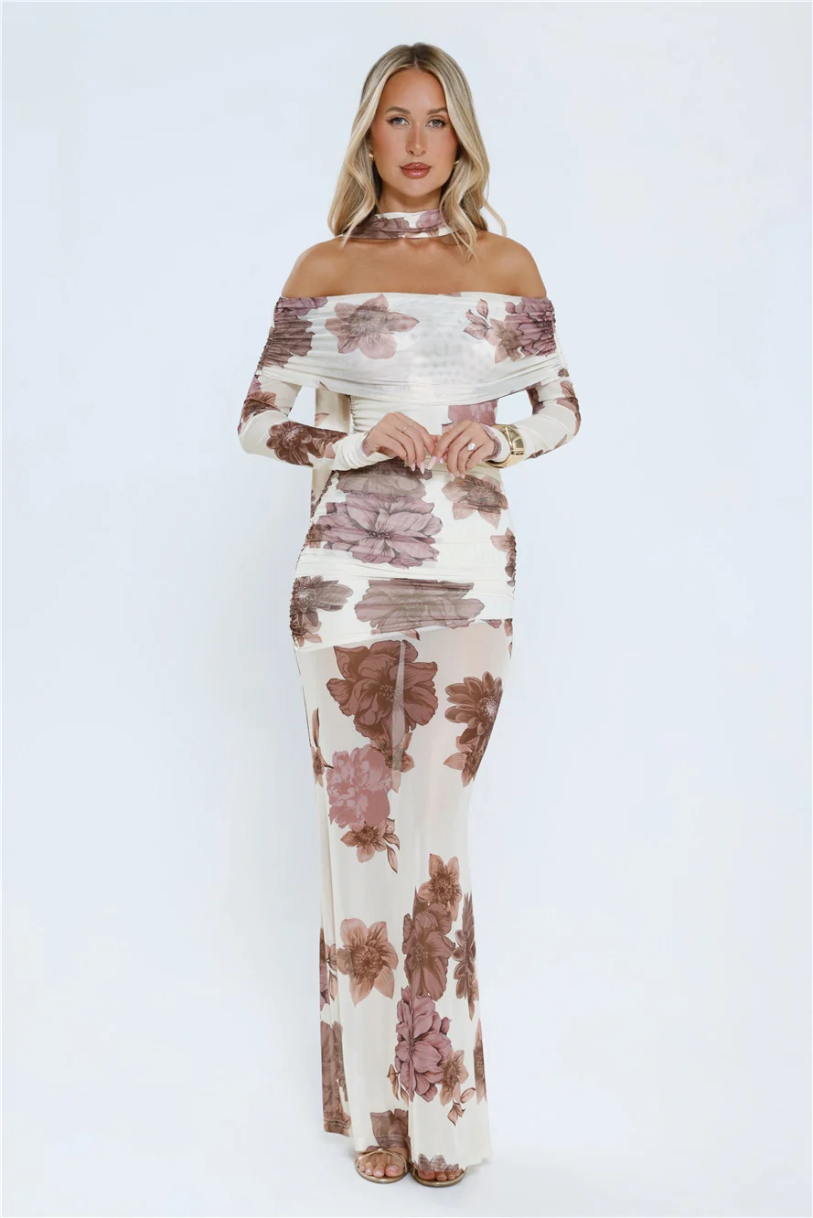 Garden Haze Off Shoulder Mesh Maxi Dress Floral