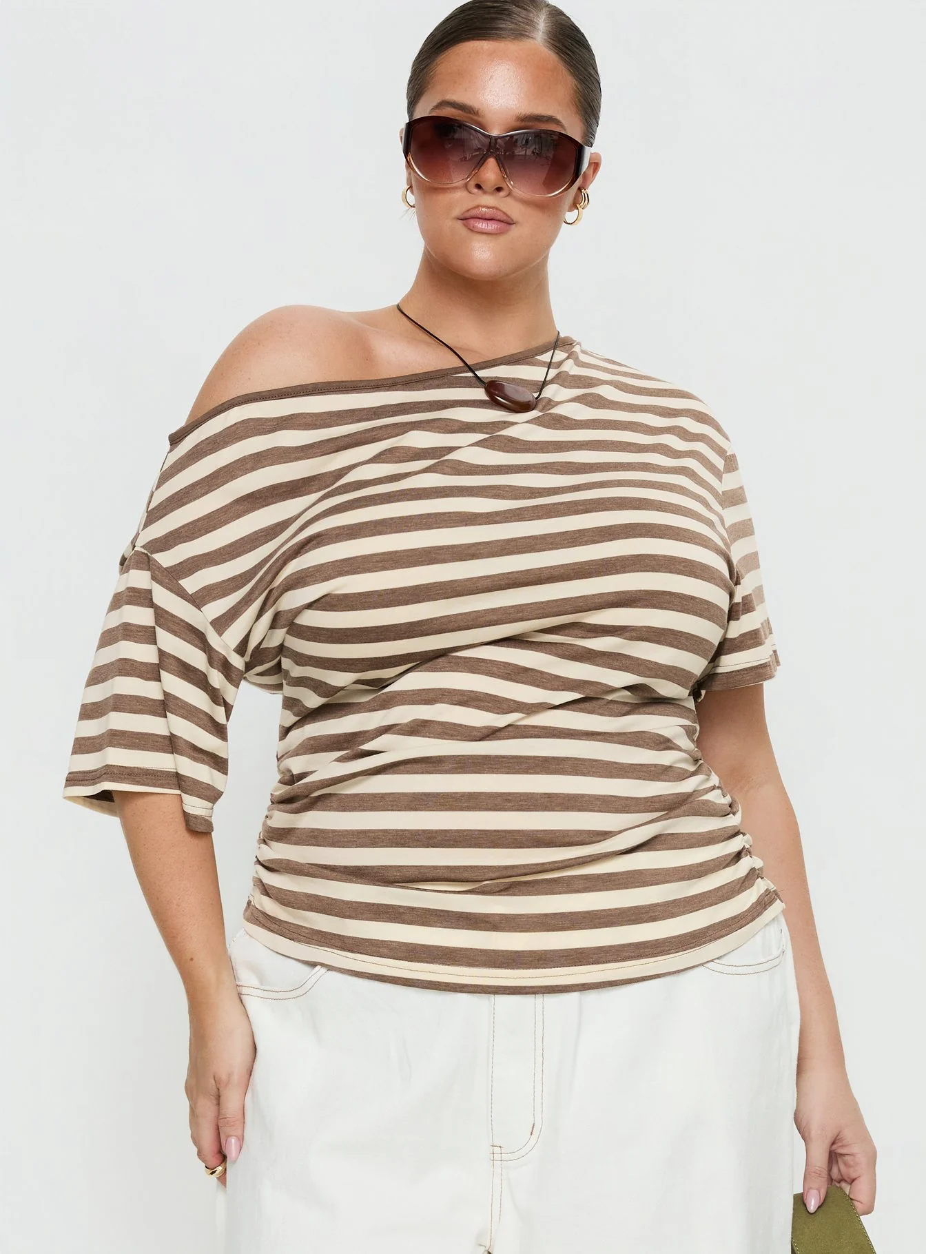 Emlynn Off Shoulder Top Brown Stripe Curve