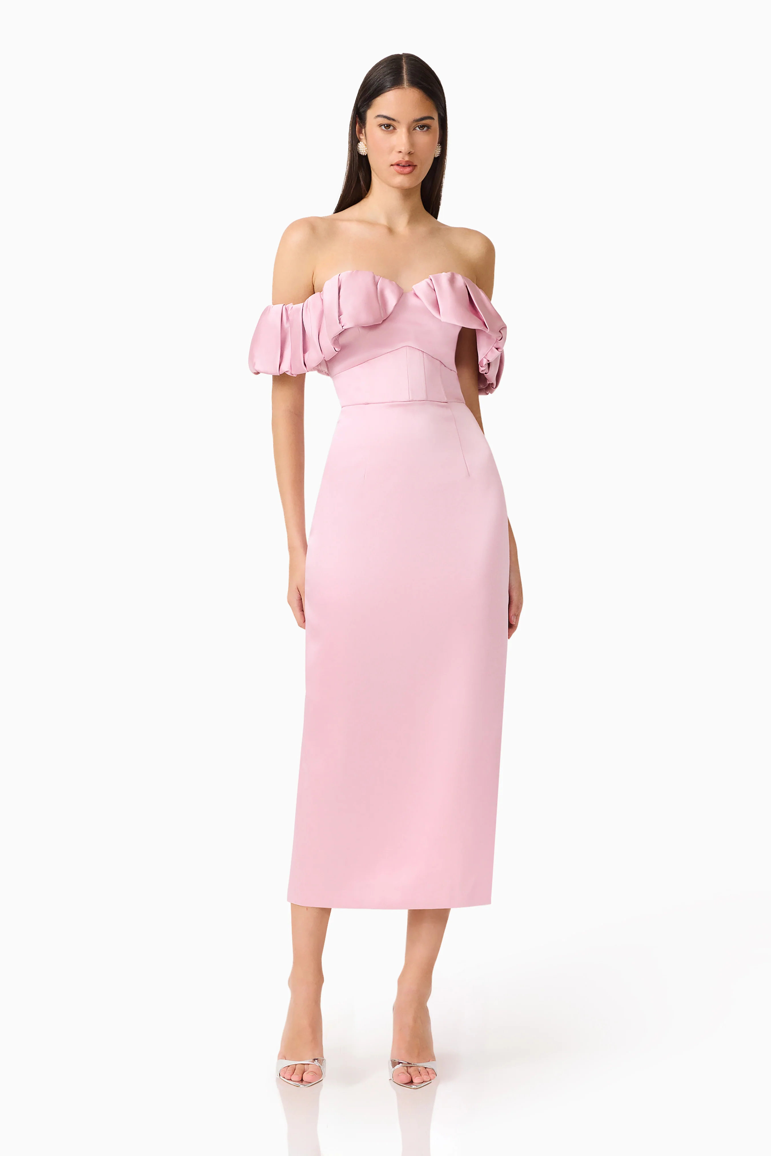 Espera Off Shoulder Midi Dress in Rose Pink