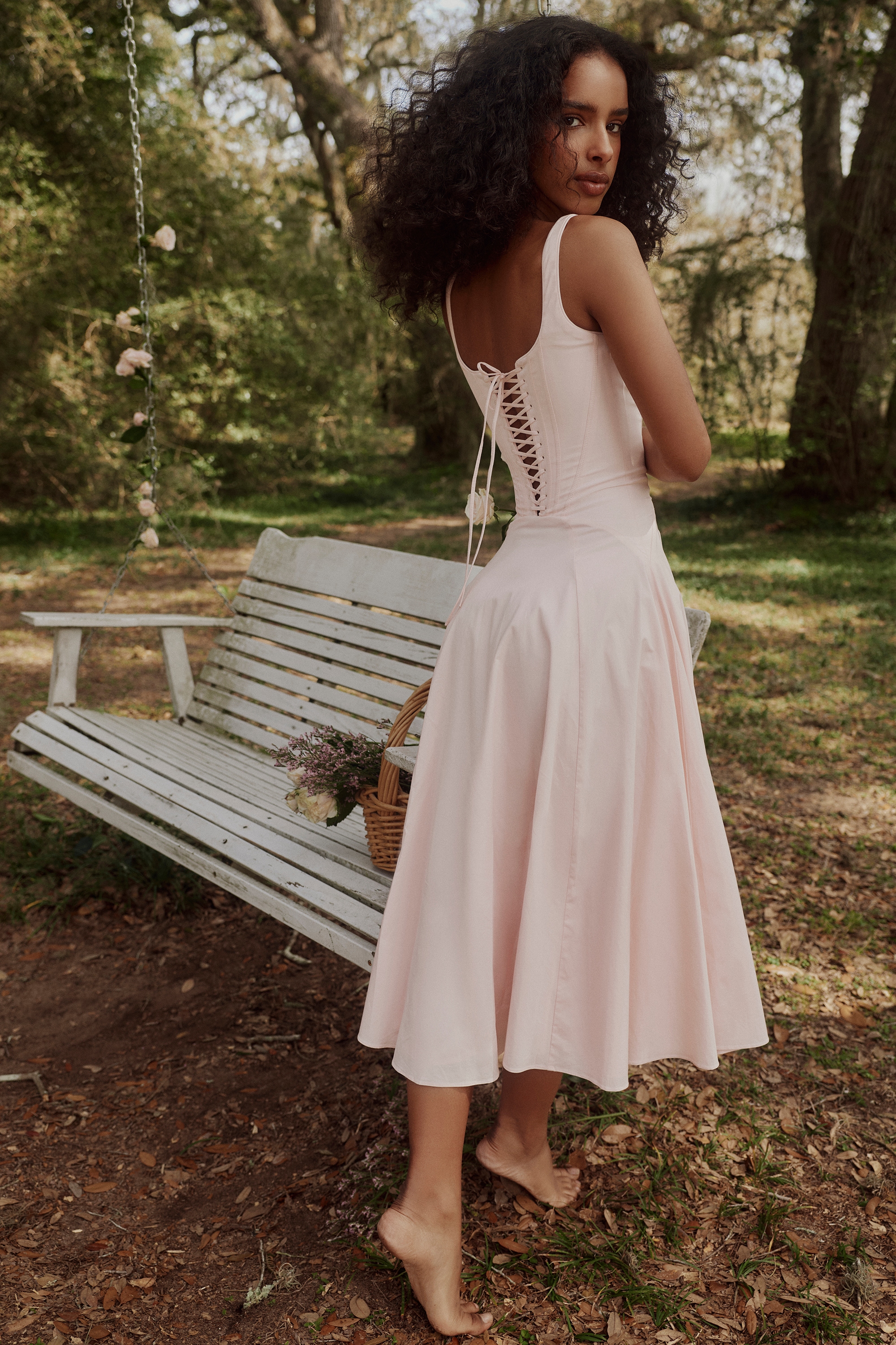 pink cotton lace up midi sundress