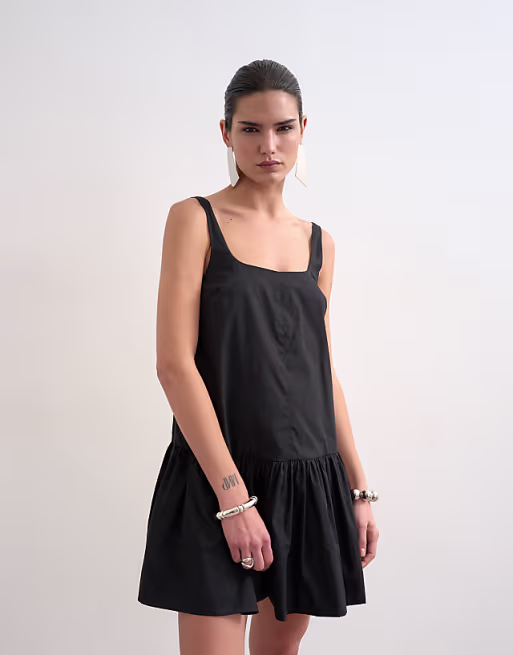 Topshop poplin dropped waist square neck throw on mini sundress in black