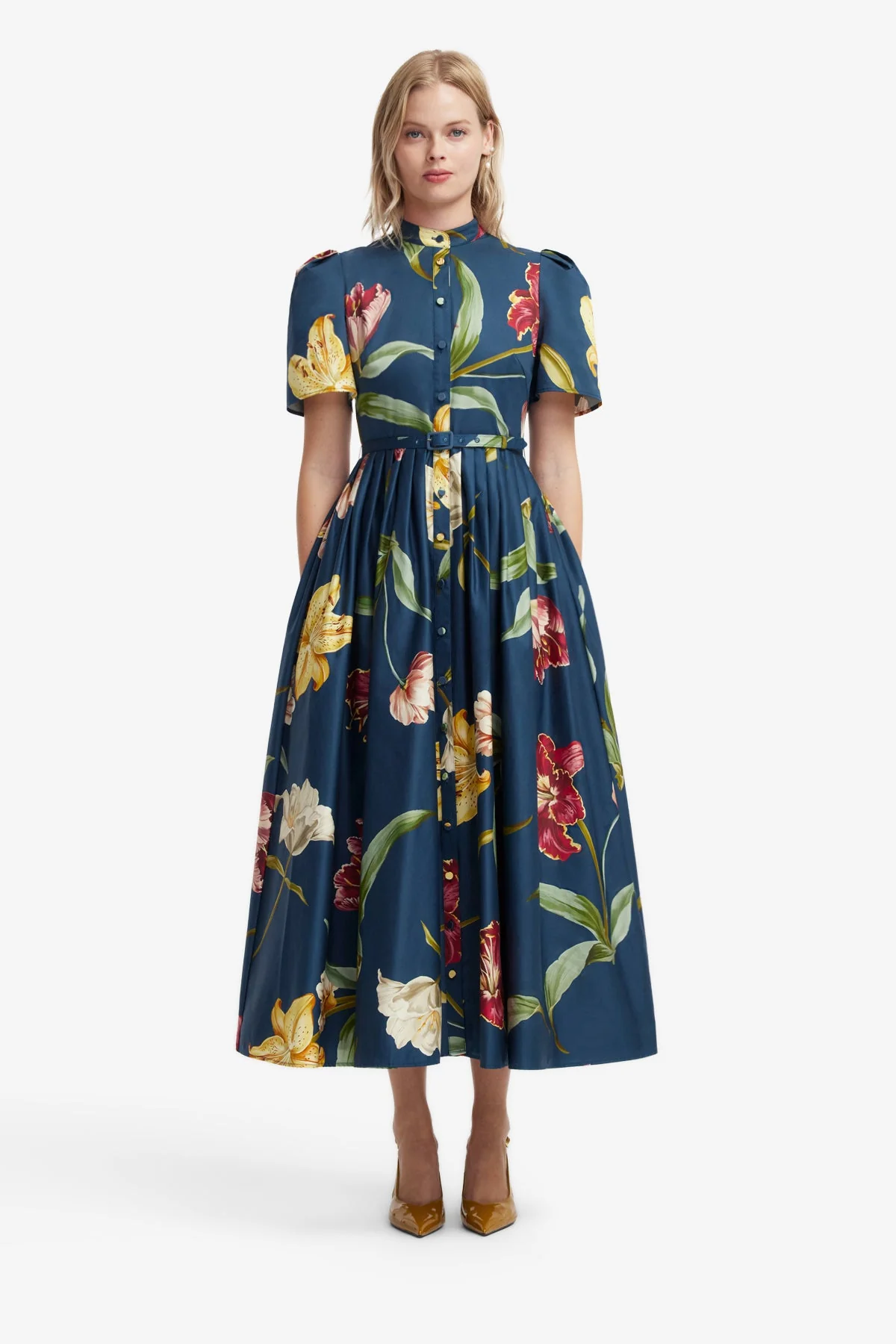 Bianca Short Sleeve Midi Dress - Lily Print in Indigo