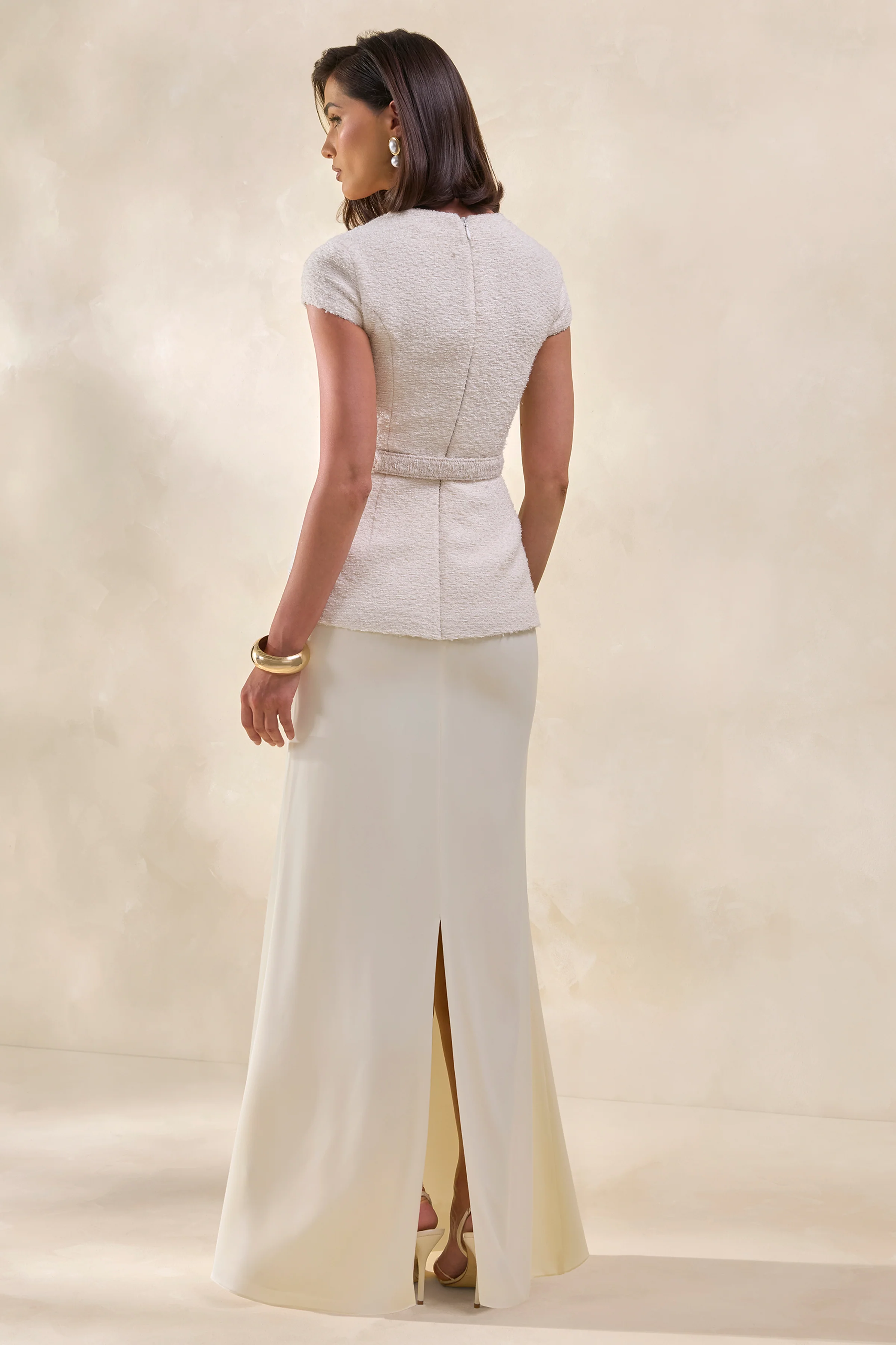 Whispera | Cream Crew-Neck Maxi Dress With Satin Skirt And Pocket-Details