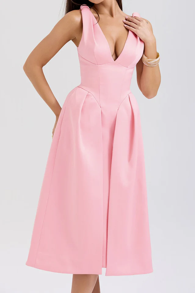 Deep V Neck Cinch Waist Satin Midi Dress