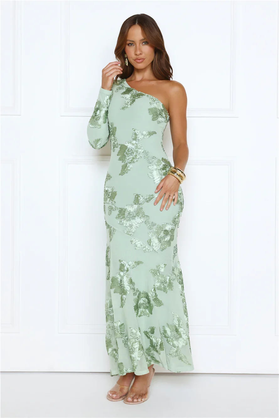 Glow Queen Energy One Shoulder Maxi Dress Sage