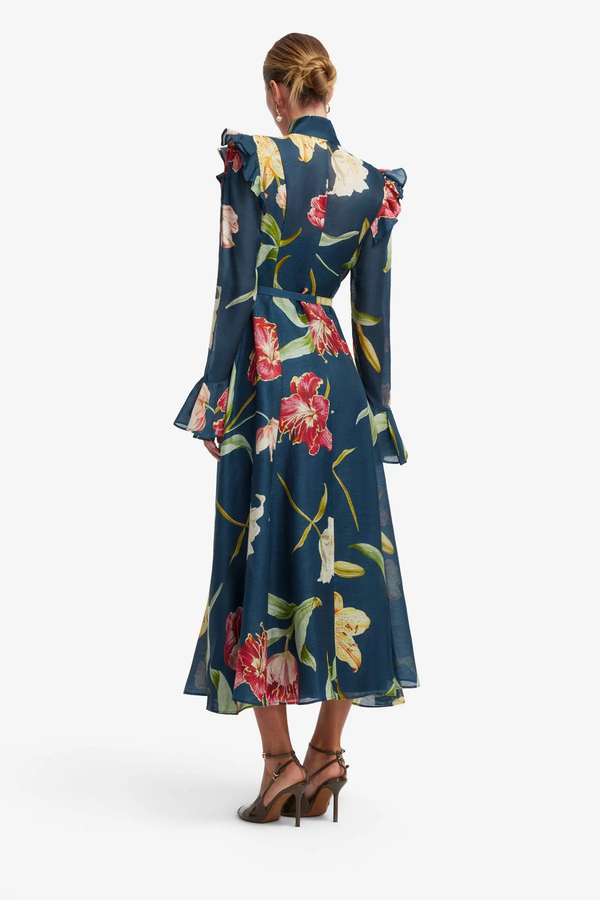 Katrina Butterfly Sleeve Midi Dress - Lily Print in Indigo