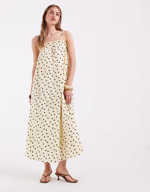PIECES cotton cami maxi dress in yellow and brown polka dot print